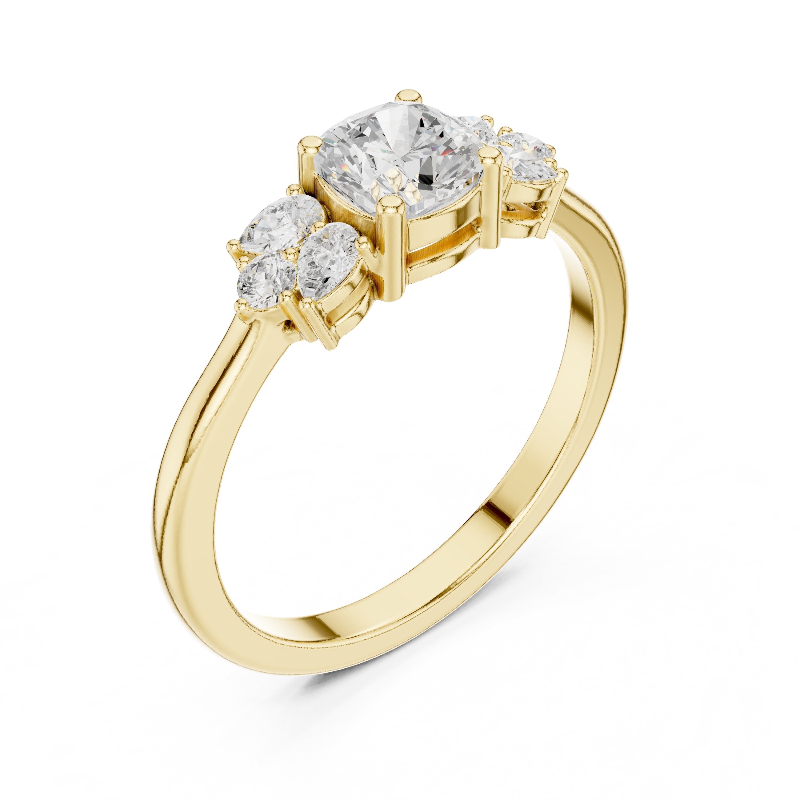 Cushion Cut Engagement Ring with Pear and Round Side Stone Accents in Yellow Gold - VYKA Diamonds