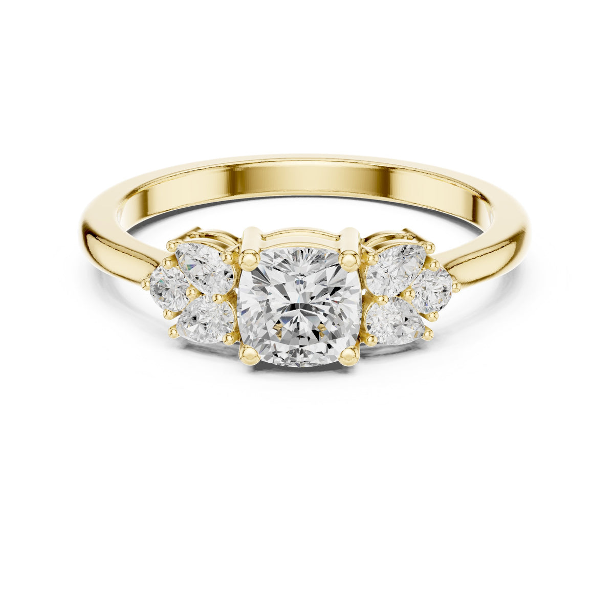 Cushion Cut Engagement Ring with Pear and Round Side Stone Accents