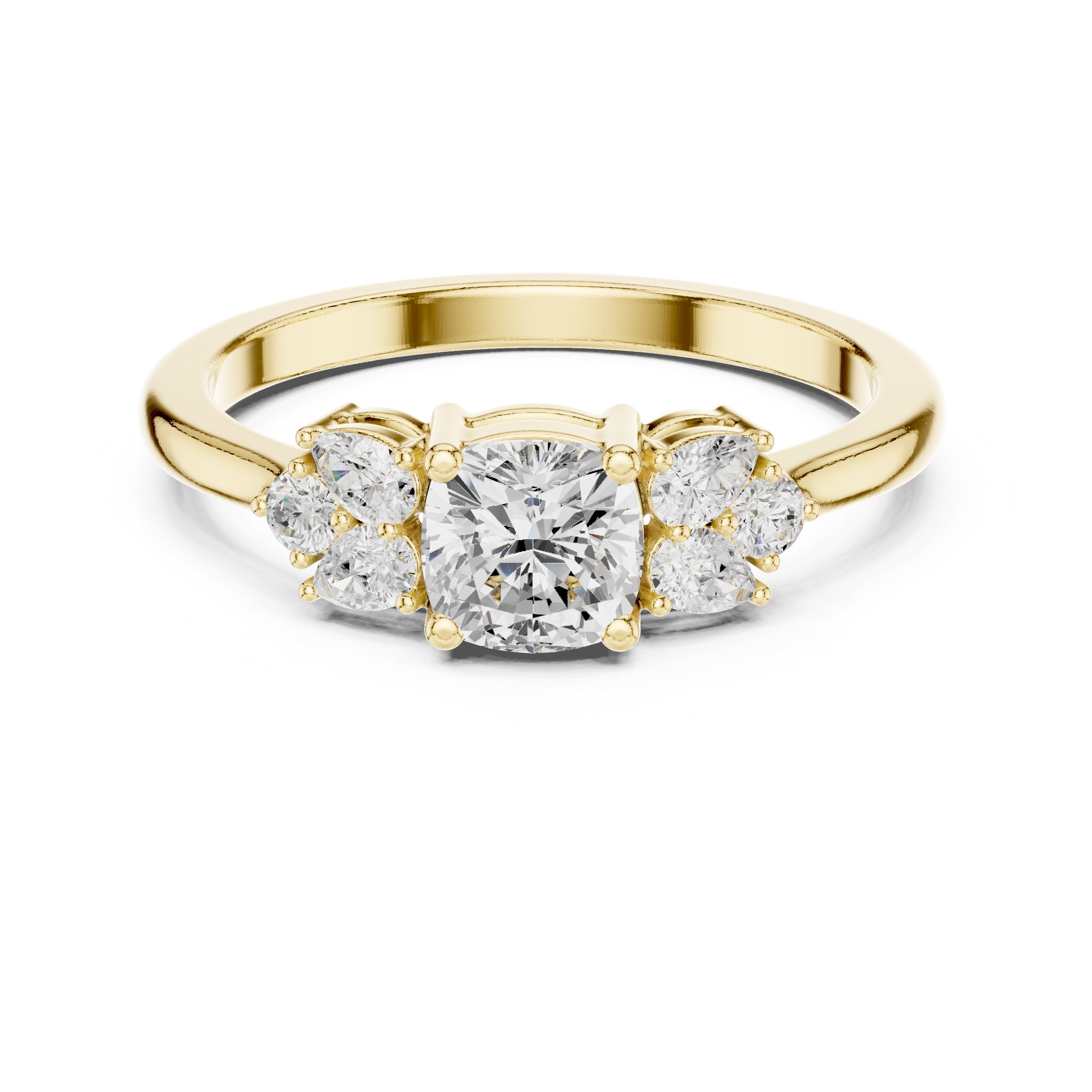 Cushion Cut Engagement Ring with Pear and Round Side Stone Accents in Yellow Gold - VYKA Diamonds