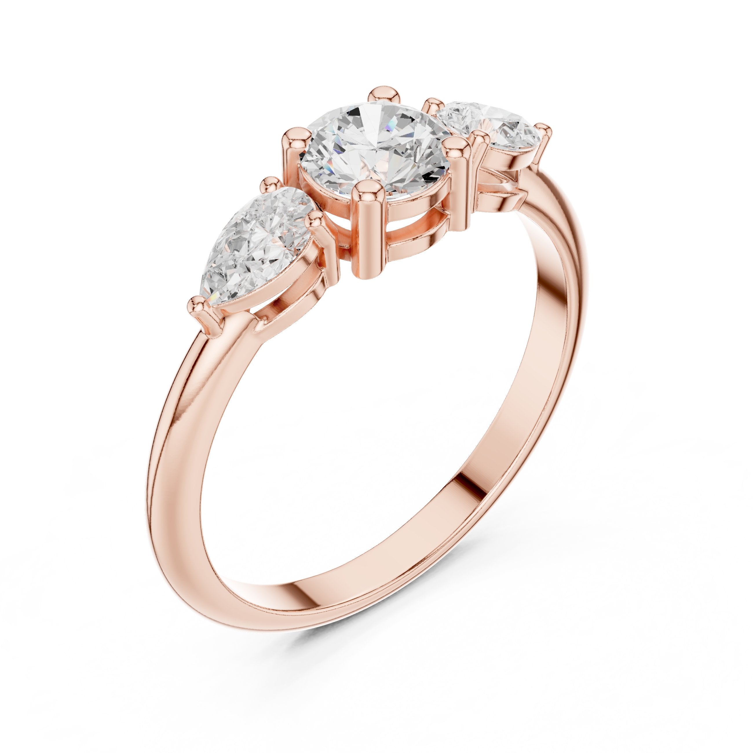 Round Diamond Three Stone Engagement Ring with Pear Sides in Rose Gold - VYKA Diamonds