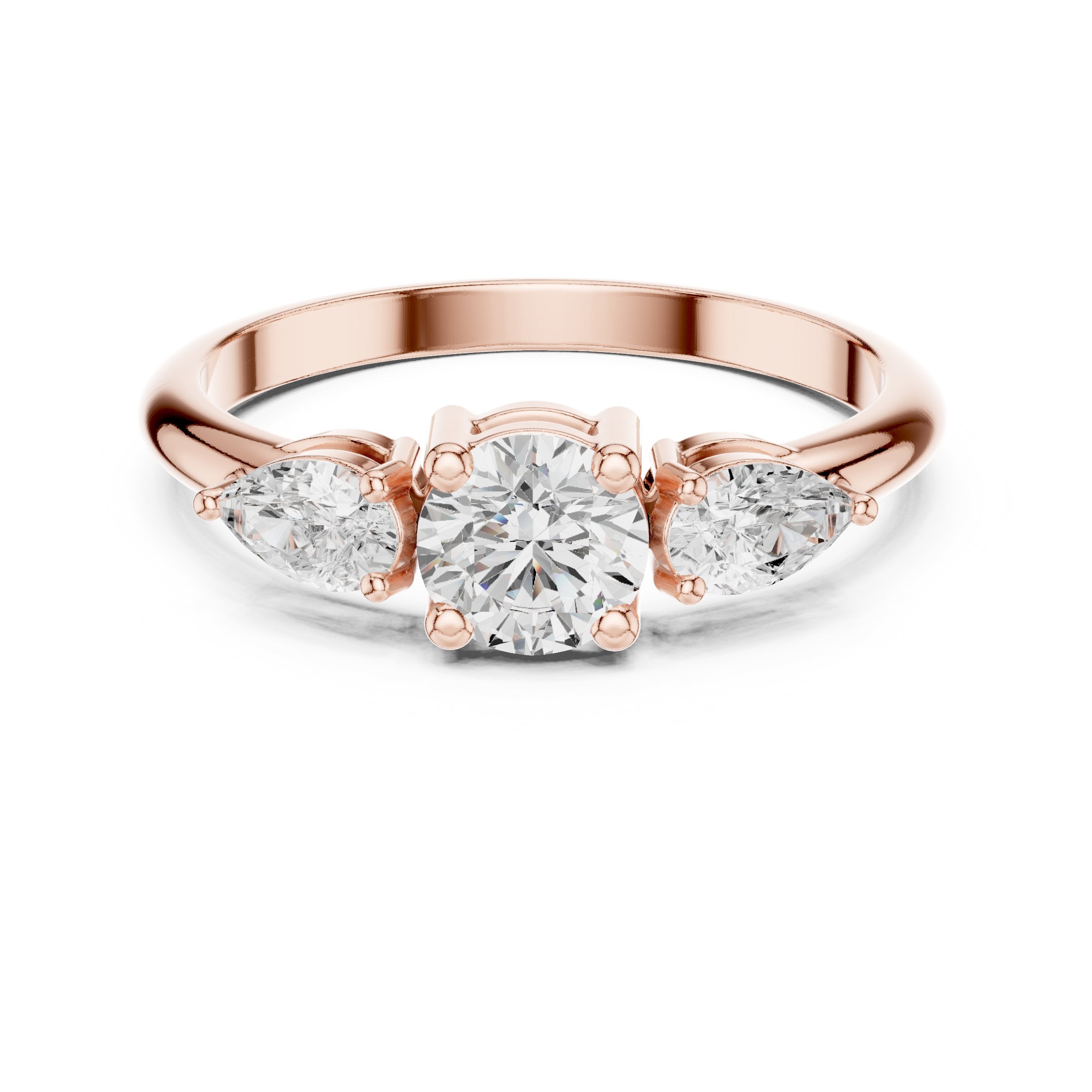 Round Diamond Three Stone Engagement Ring with Pear Sides in Rose Gold - VYKA Diamonds