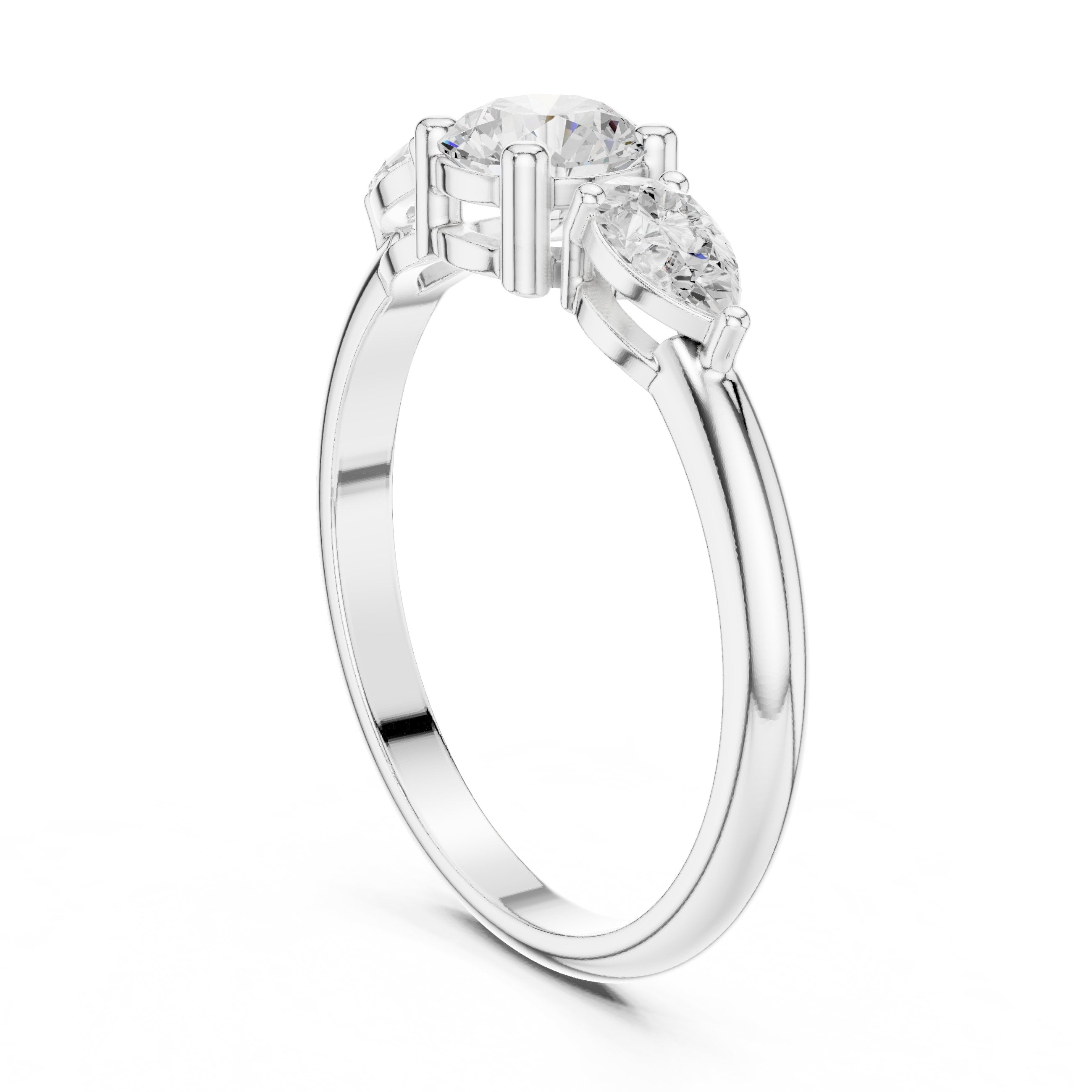 Round Diamond Three Stone Engagement Ring with Pear Sides in White Gold - VYKA Diamonds