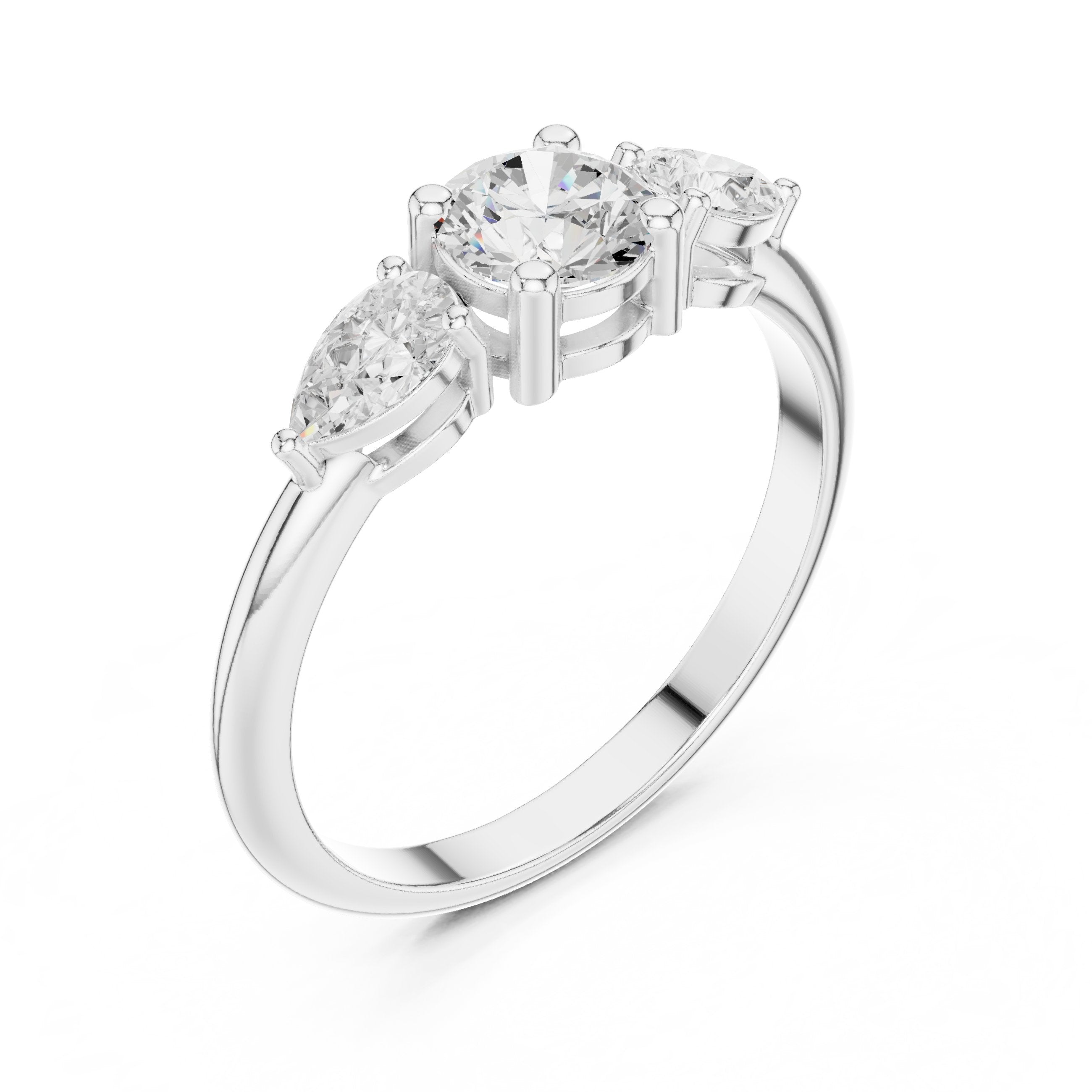 Round Diamond Three Stone Engagement Ring with Pear Sides in White Gold - VYKA Diamonds