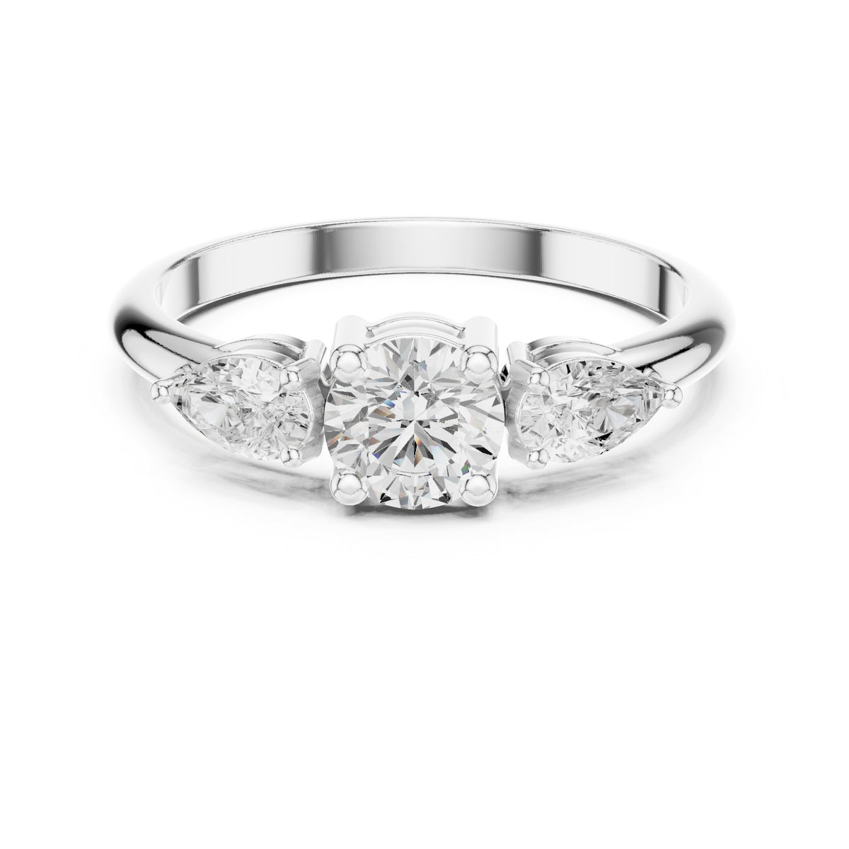 Round Diamond Three Stone Engagement Ring with Pear Sides