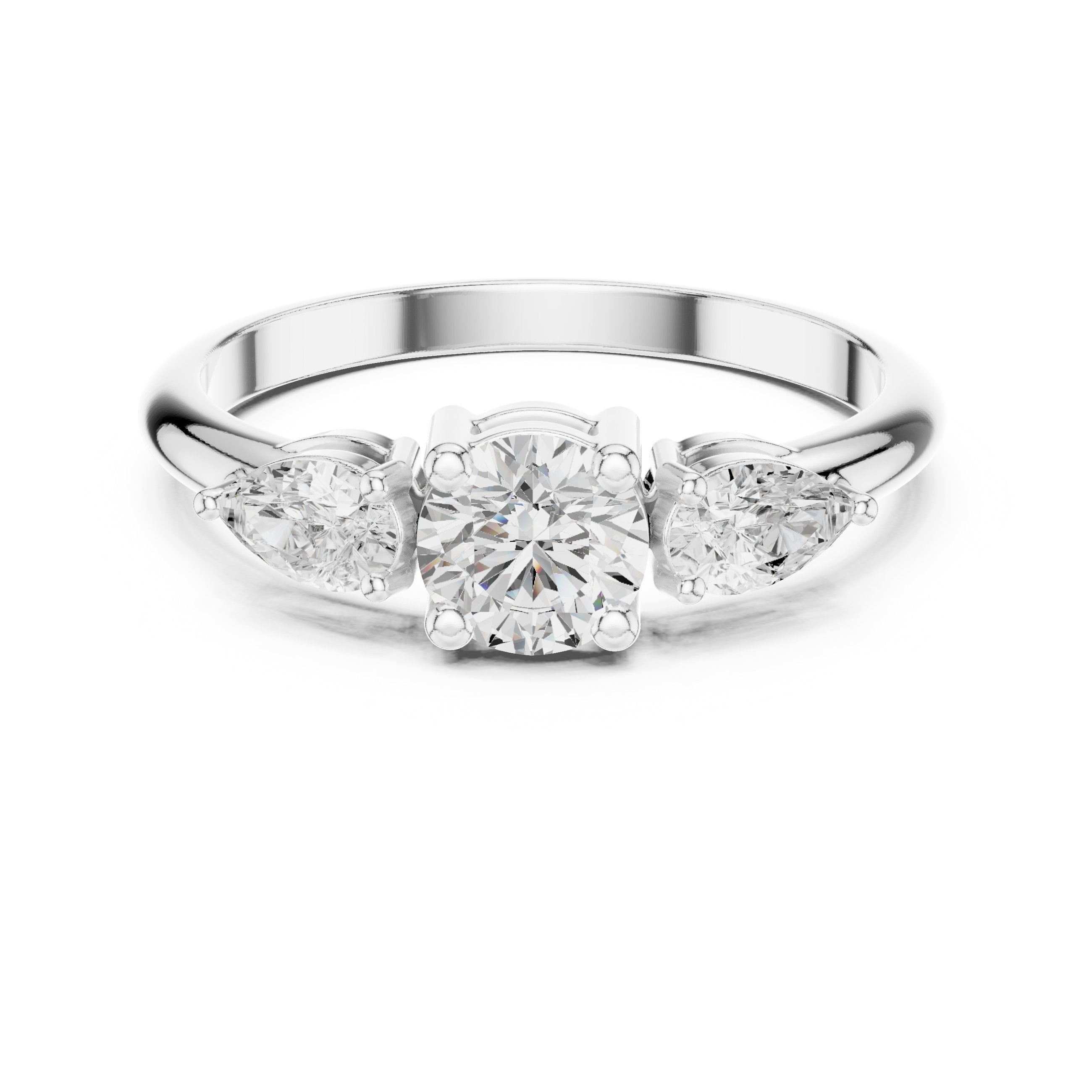 Round Diamond Three Stone Engagement Ring with Pear Sides in White Gold - VYKA Diamonds