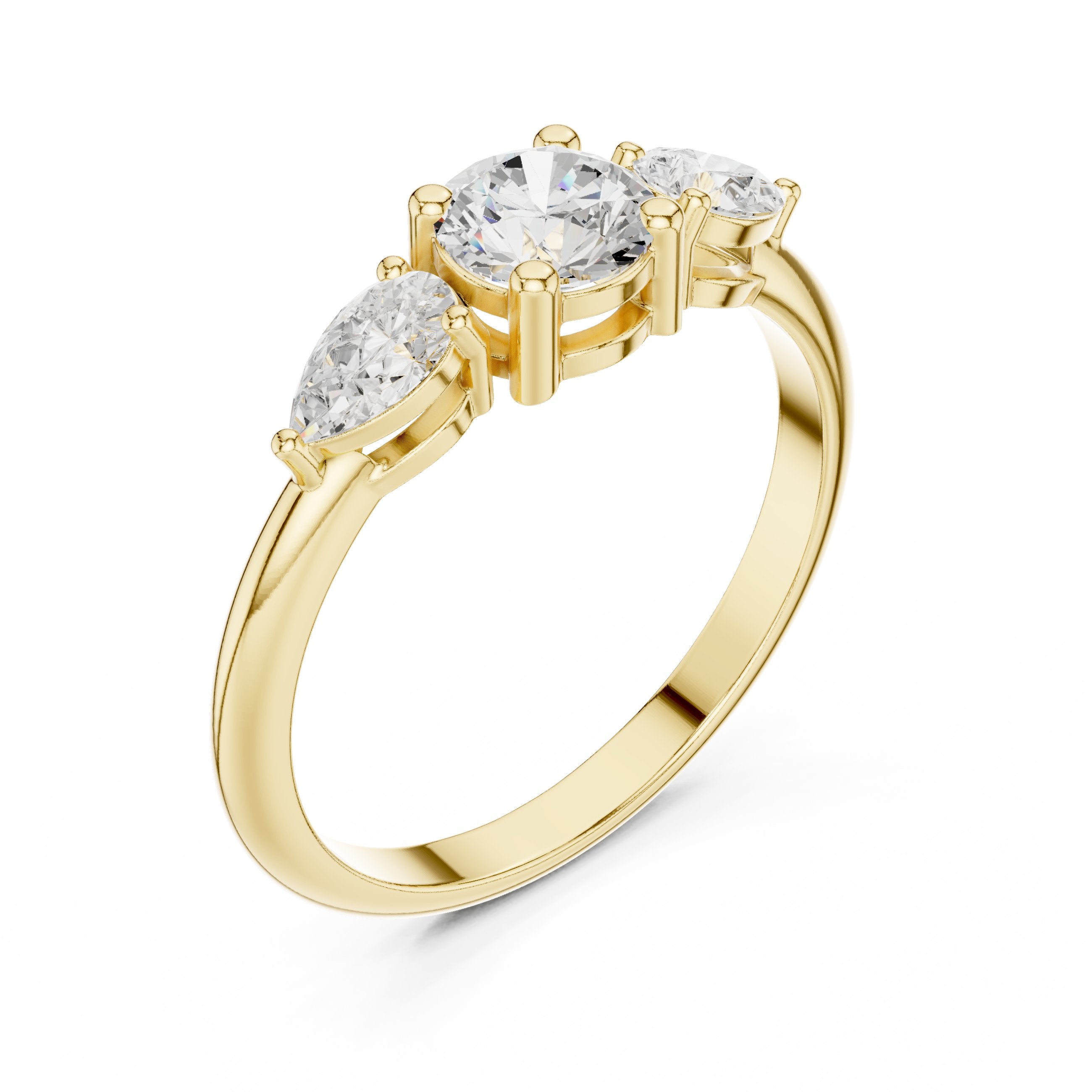 Round Diamond Three Stone Engagement Ring with Pear Sides in Yellow Gold - VYKA Diamonds