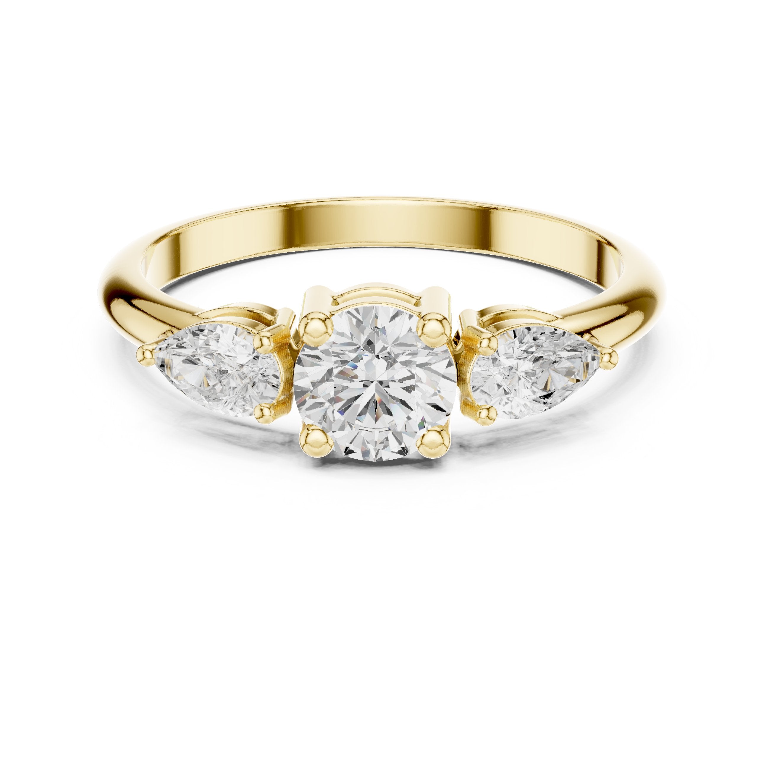 Round Diamond Three Stone Engagement Ring with Pear Sides in Yellow Gold - VYKA Diamonds