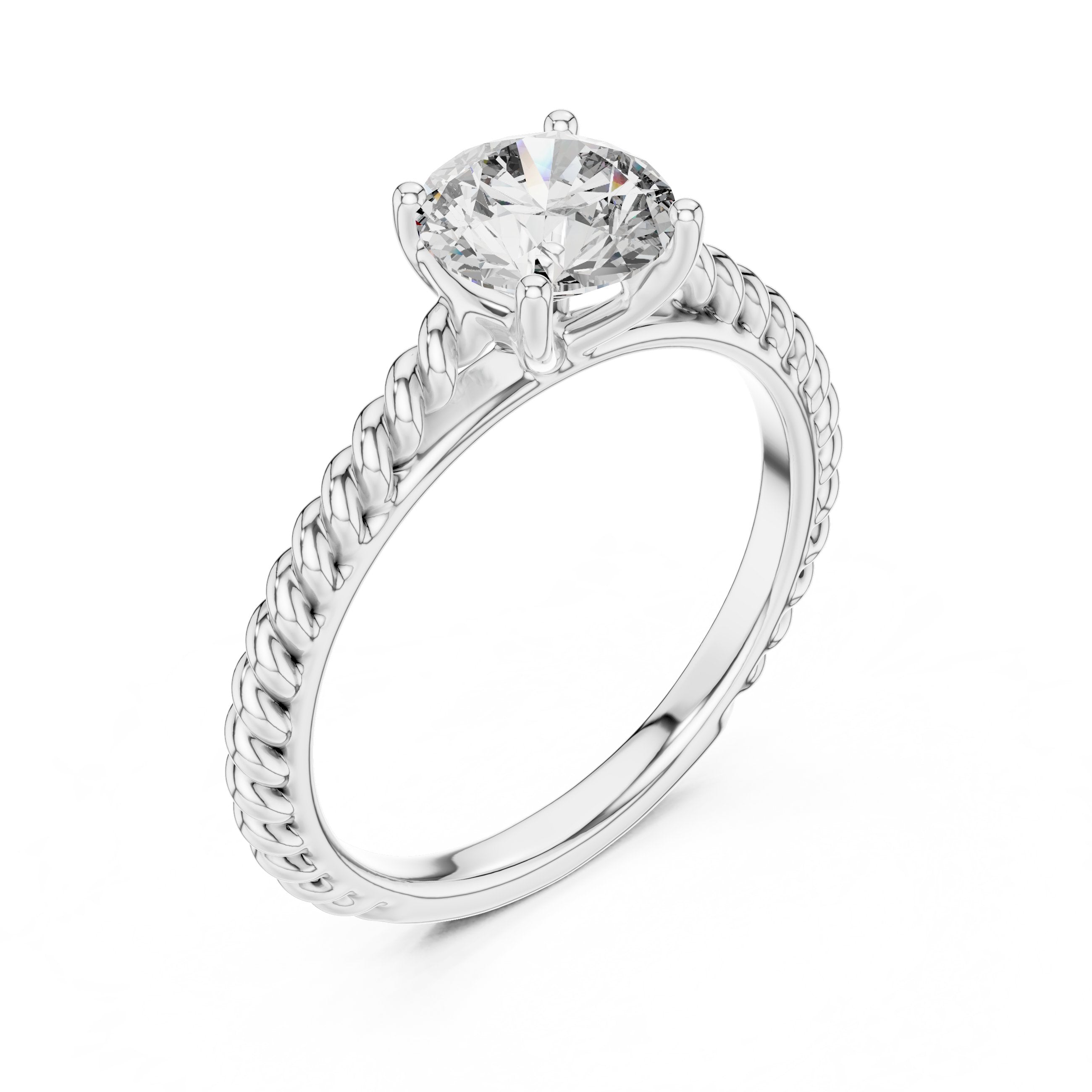 Round Diamond Solitaire Engagement Ring with Twisted Rope Band in White Gold - VYKA Diamonds