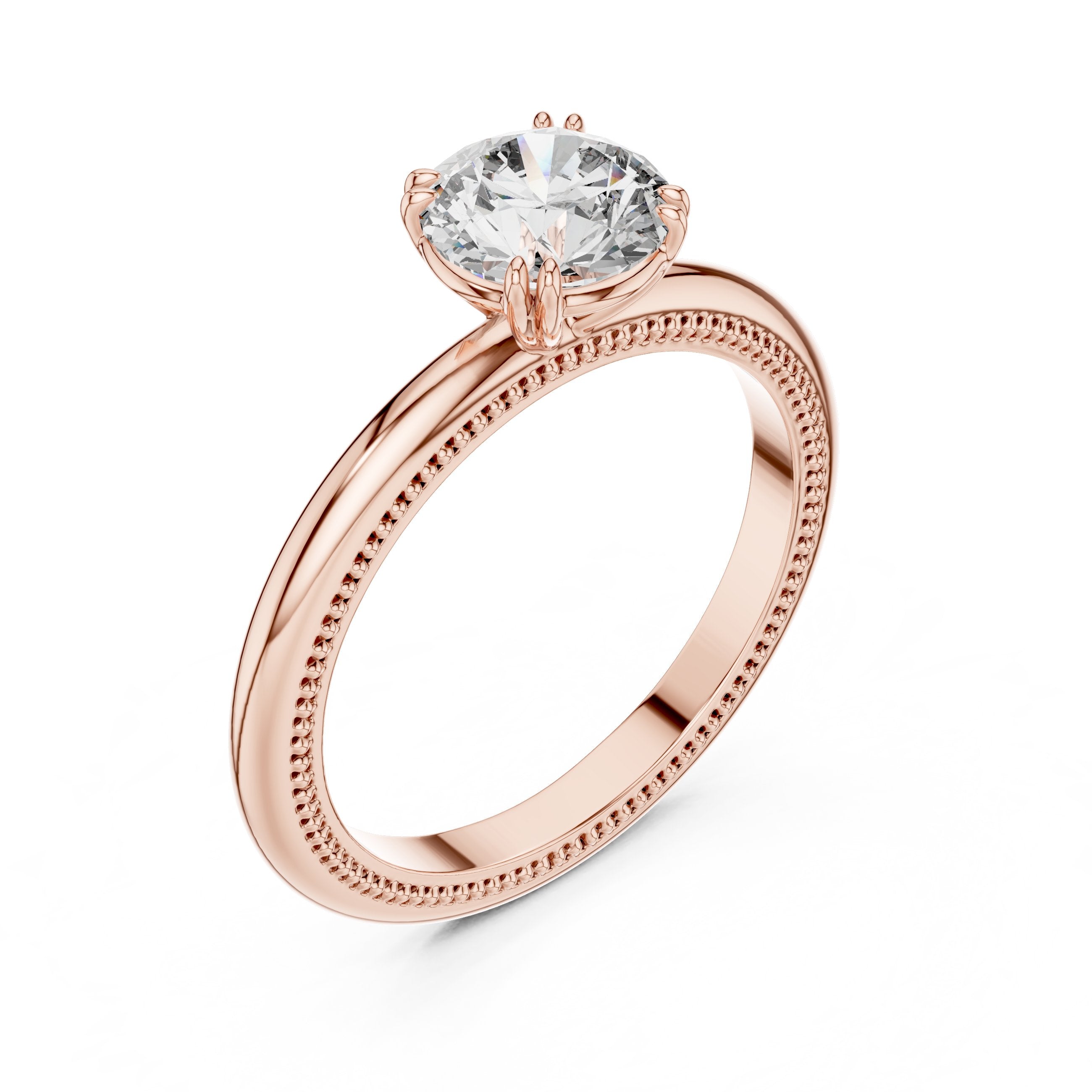 Round Diamond Solitaire Engagement Ring with Milgrain Band in Rose Gold - VYKA Diamonds