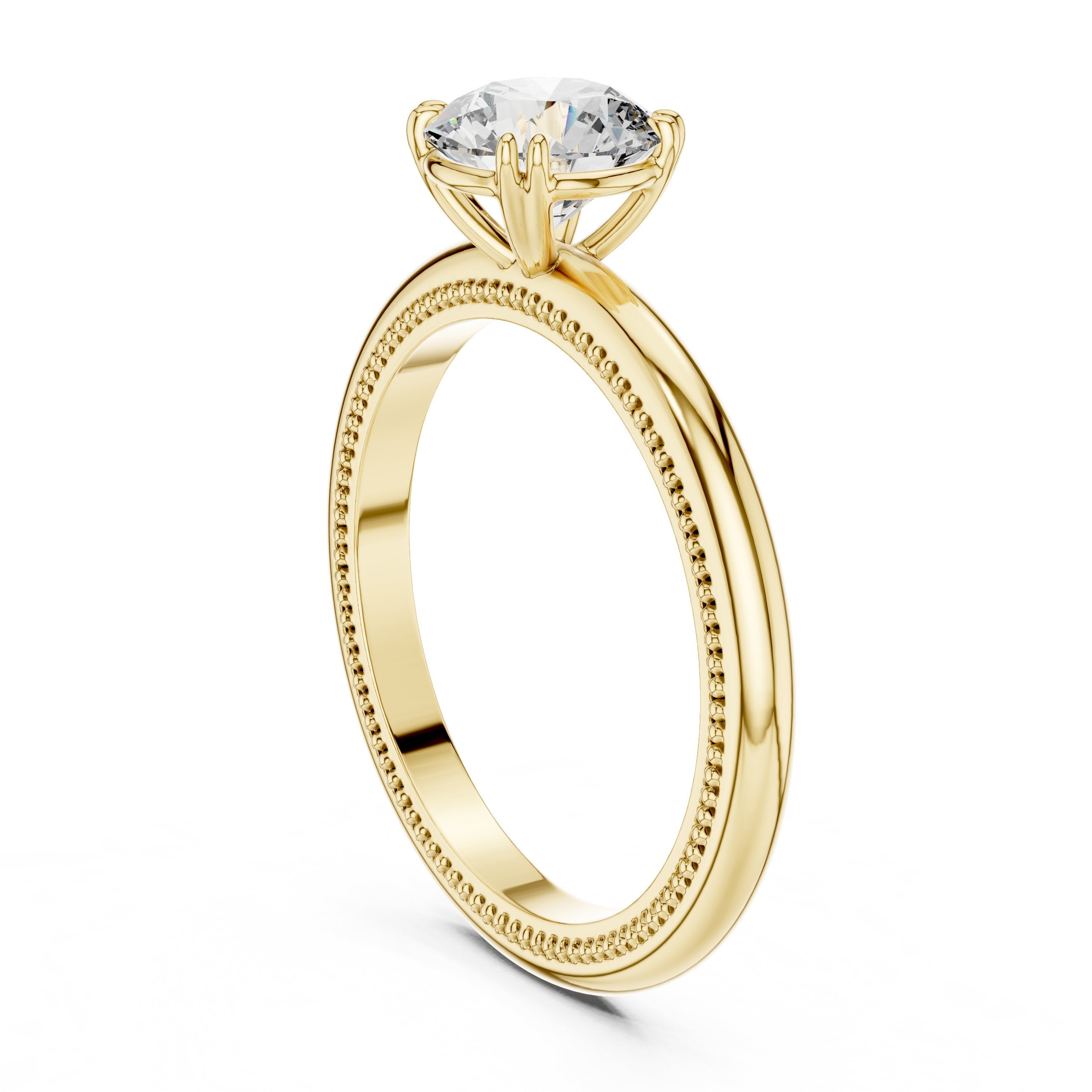 Round Diamond Solitaire Engagement Ring with Milgrain Band in Yellow Gold - VYKA Diamonds