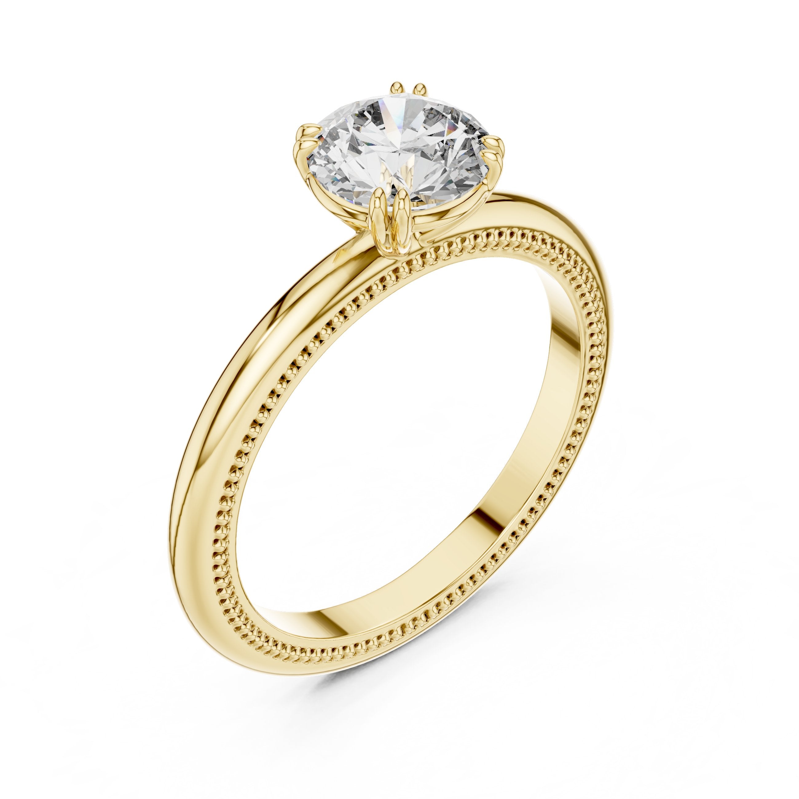 Round Diamond Solitaire Engagement Ring with Milgrain Band in Yellow Gold - VYKA Diamonds