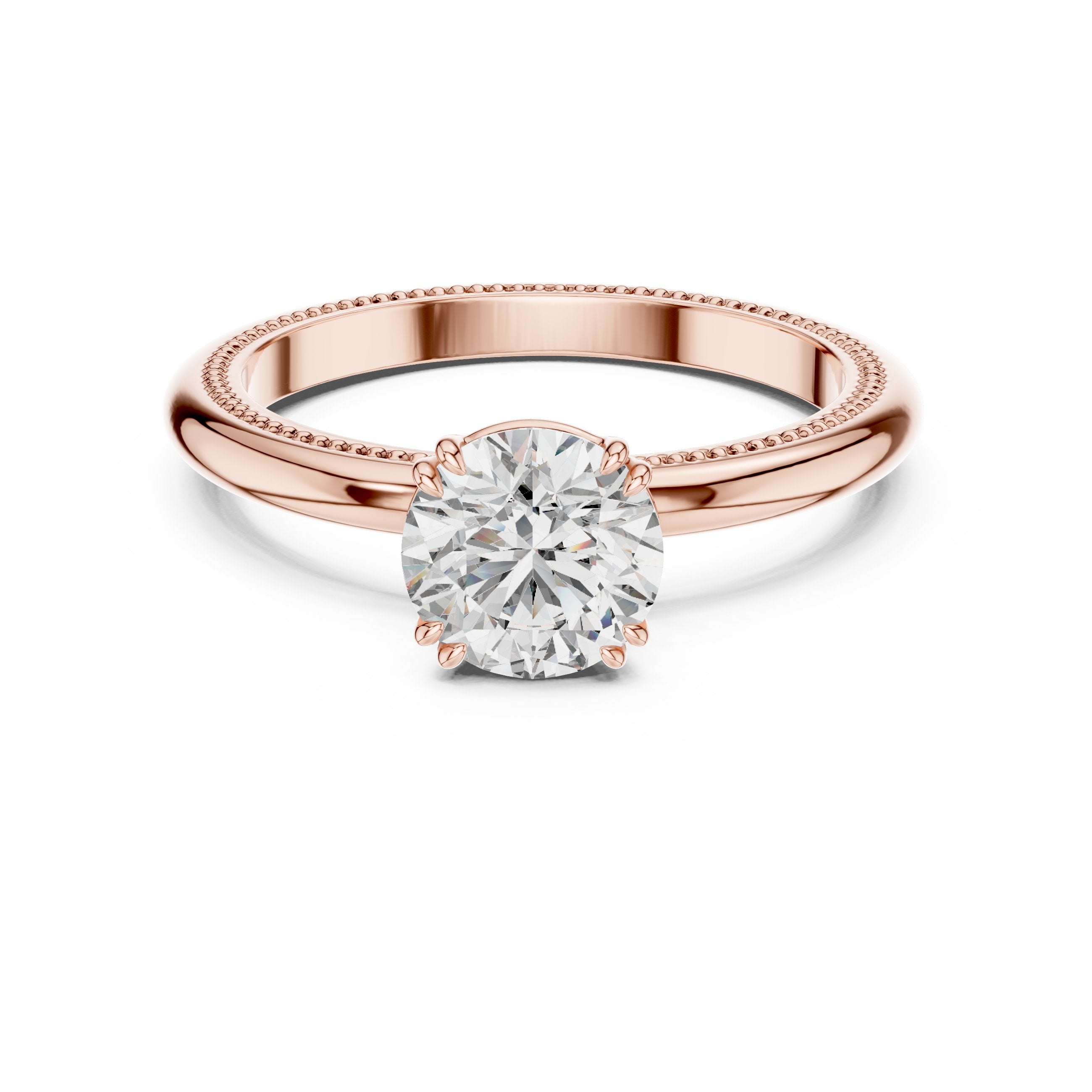 Round Diamond Solitaire Engagement Ring with Milgrain Band in Rose Gold - VYKA Diamonds