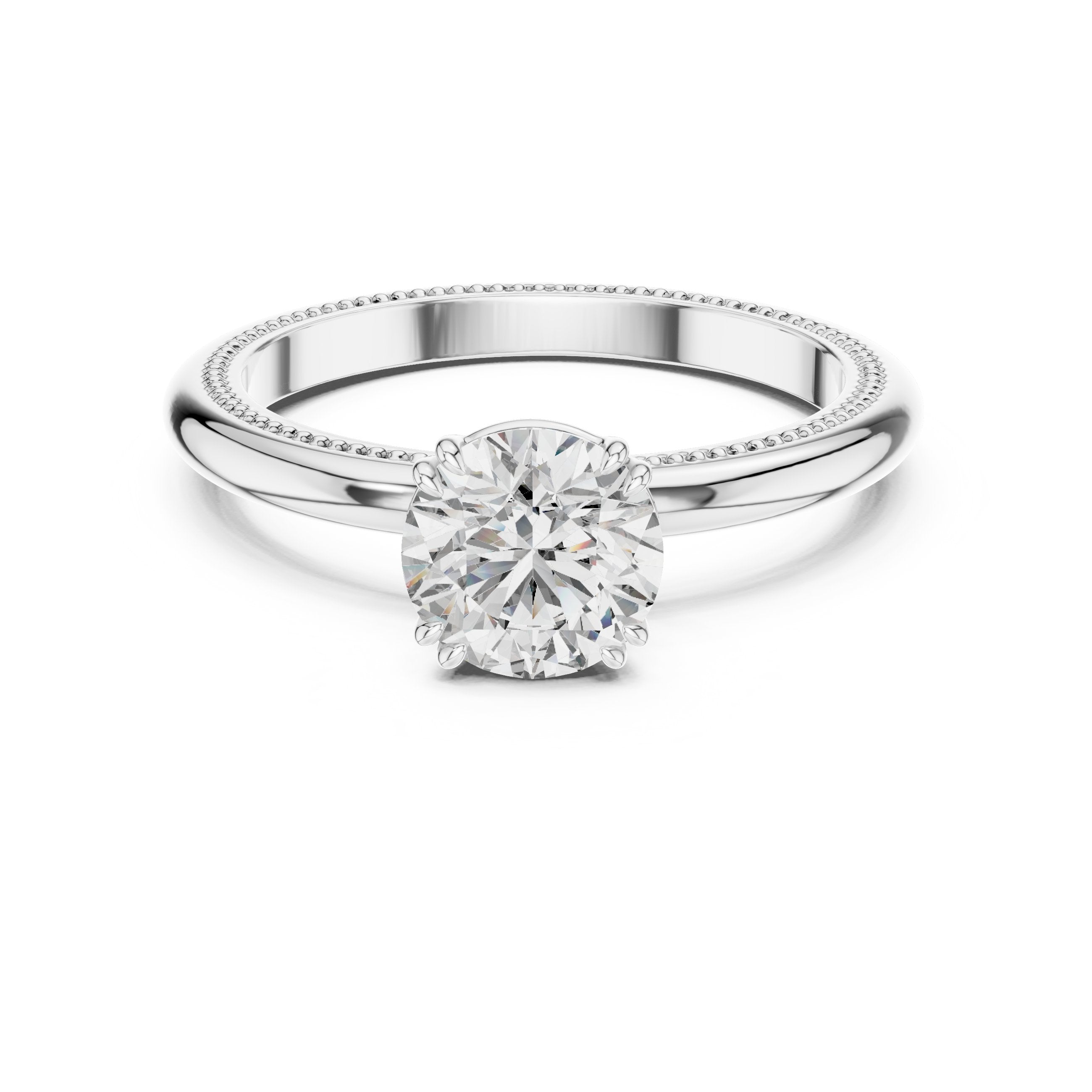 Round Diamond Solitaire Engagement Ring with Milgrain Band in White Gold - VYKA Diamonds