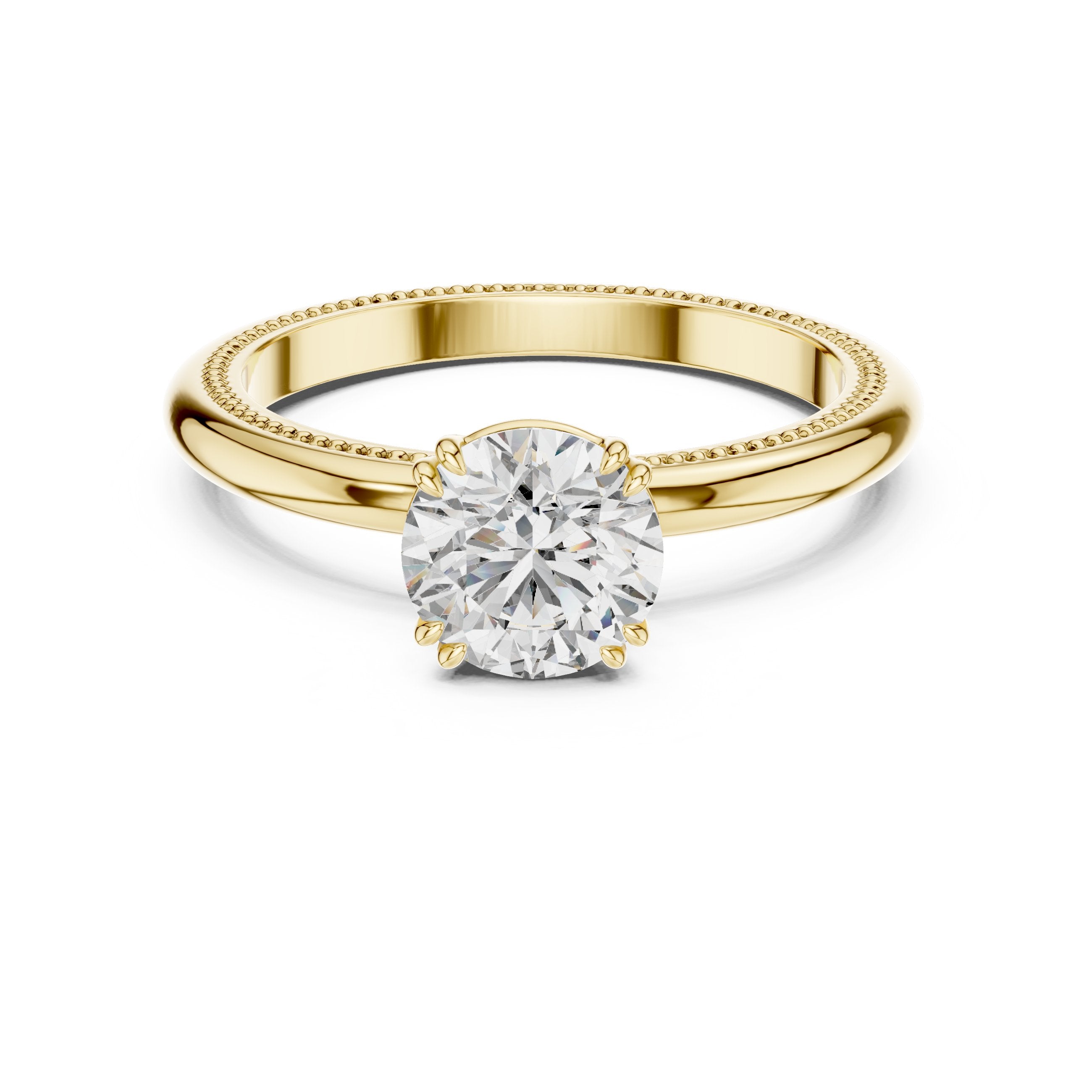 Round Diamond Solitaire Engagement Ring with Milgrain Band in Yellow Gold - VYKA Diamonds