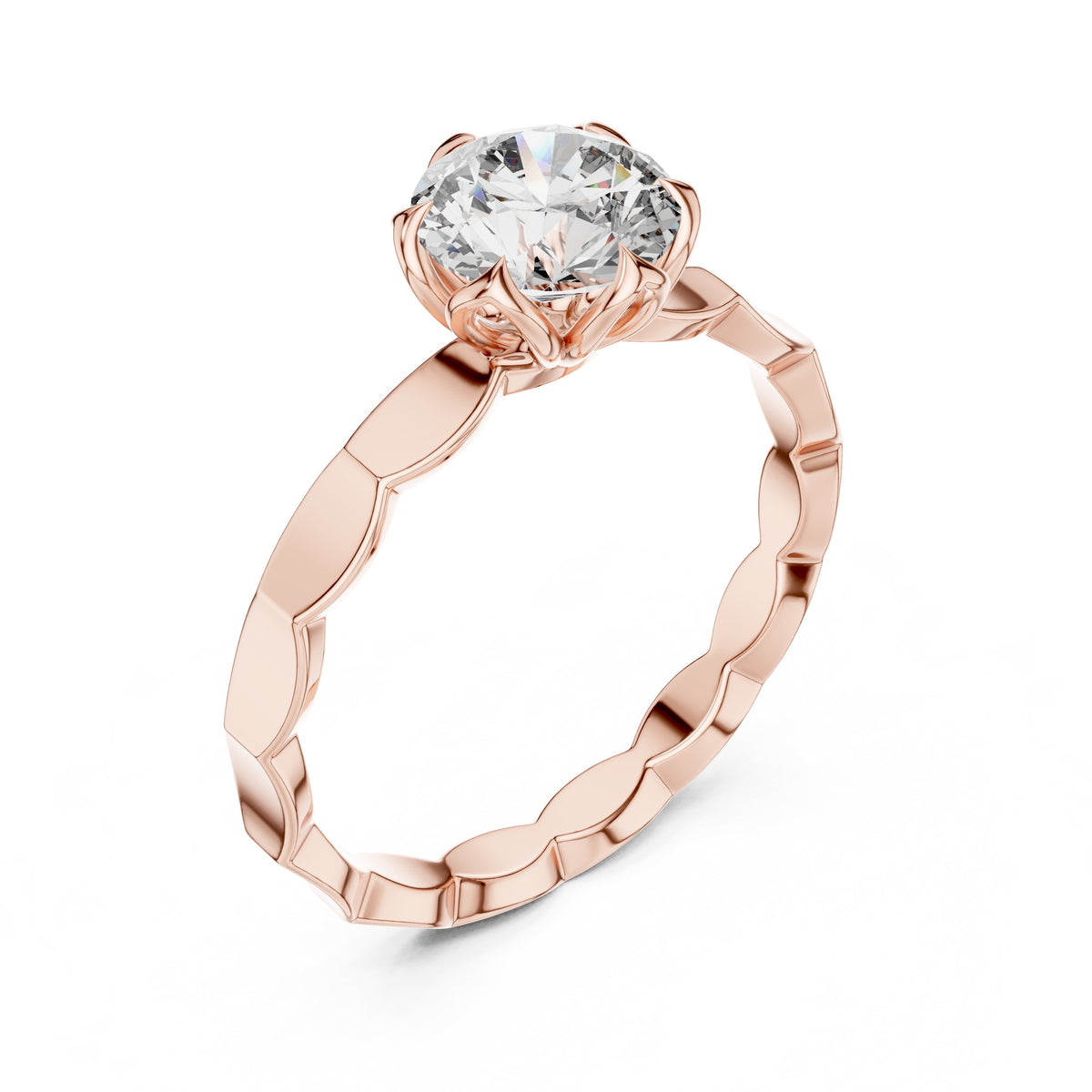 Round Diamond Floral Basket Solitaire Engagement Ring with Petal Band