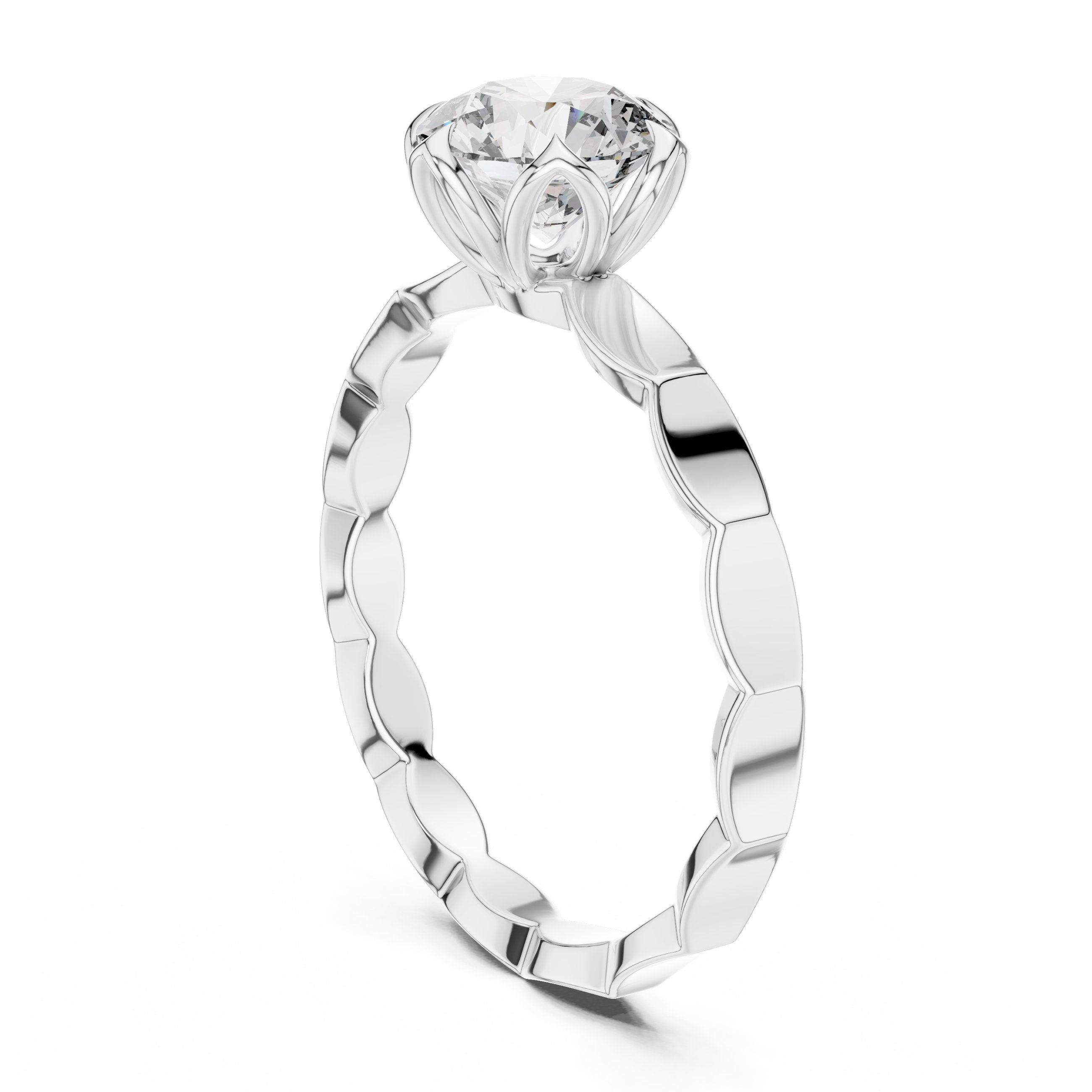 Round Diamond Floral Basket Solitaire Engagement Ring with Petal Band in White Gold - VYKA Diamonds