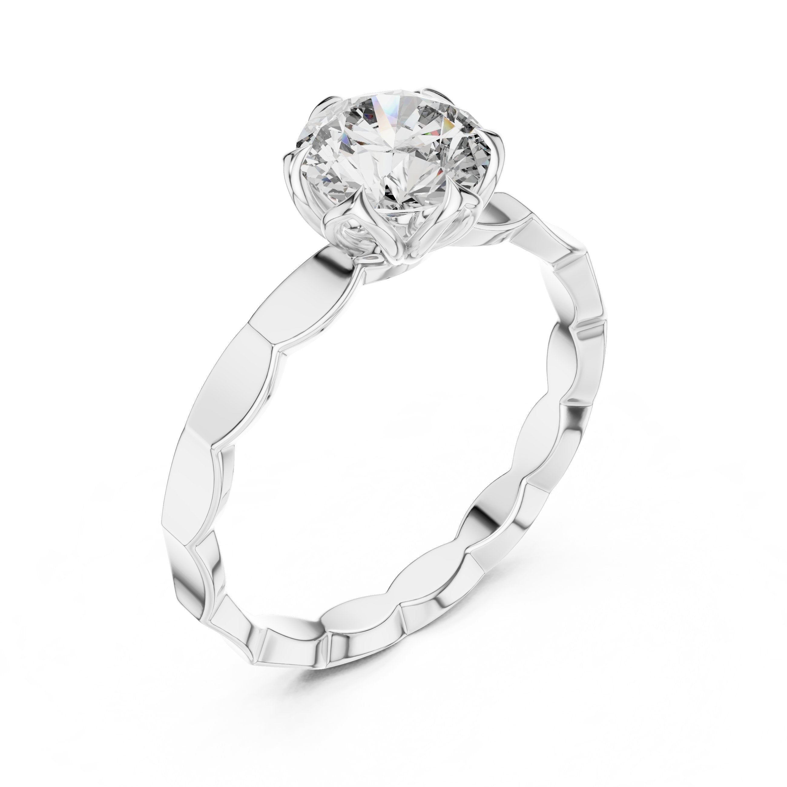 Round Diamond Floral Basket Solitaire Engagement Ring with Petal Band in White Gold - VYKA Diamonds