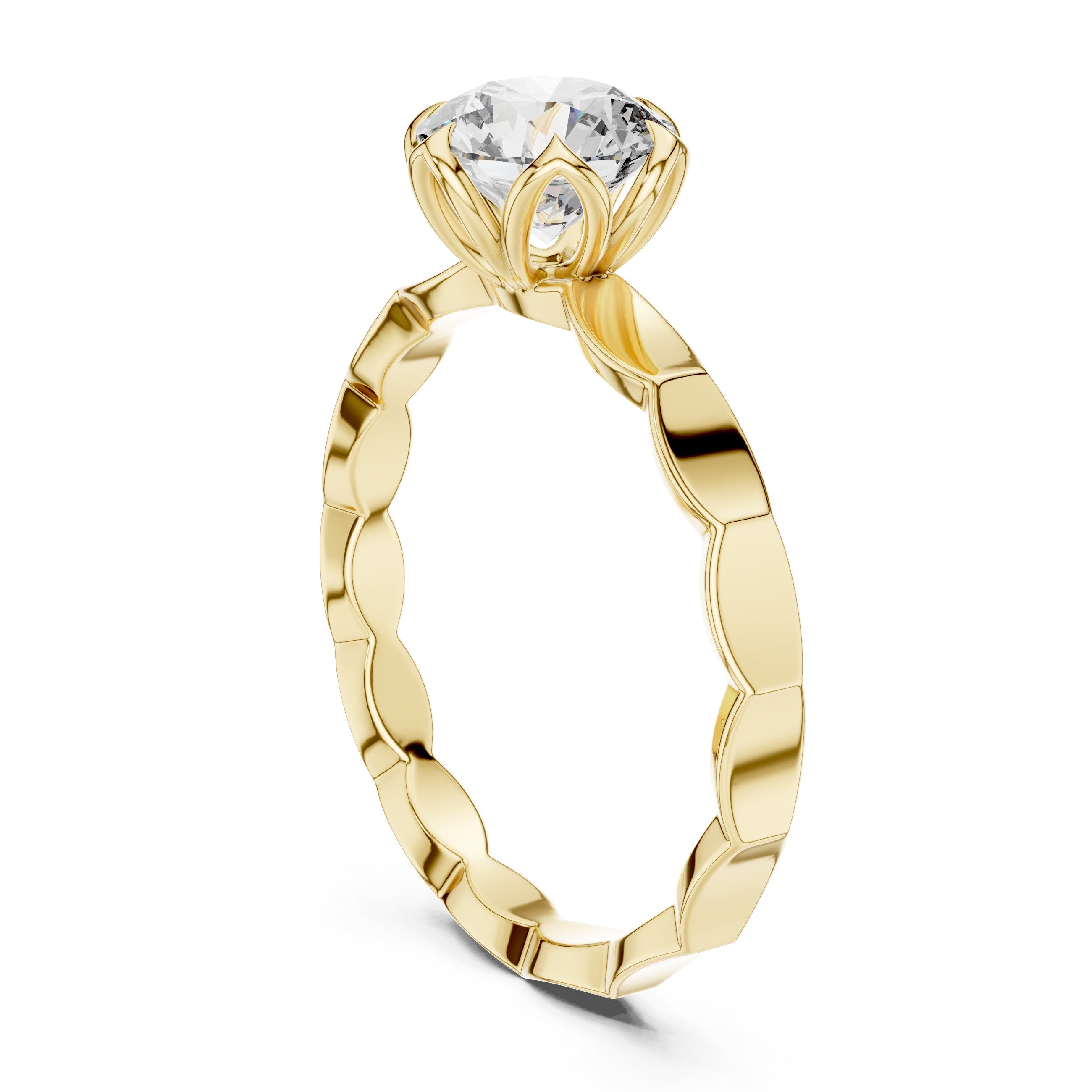 Round Diamond Floral Basket Solitaire Engagement Ring with Petal Band in Yellow Gold - VYKA Diamonds