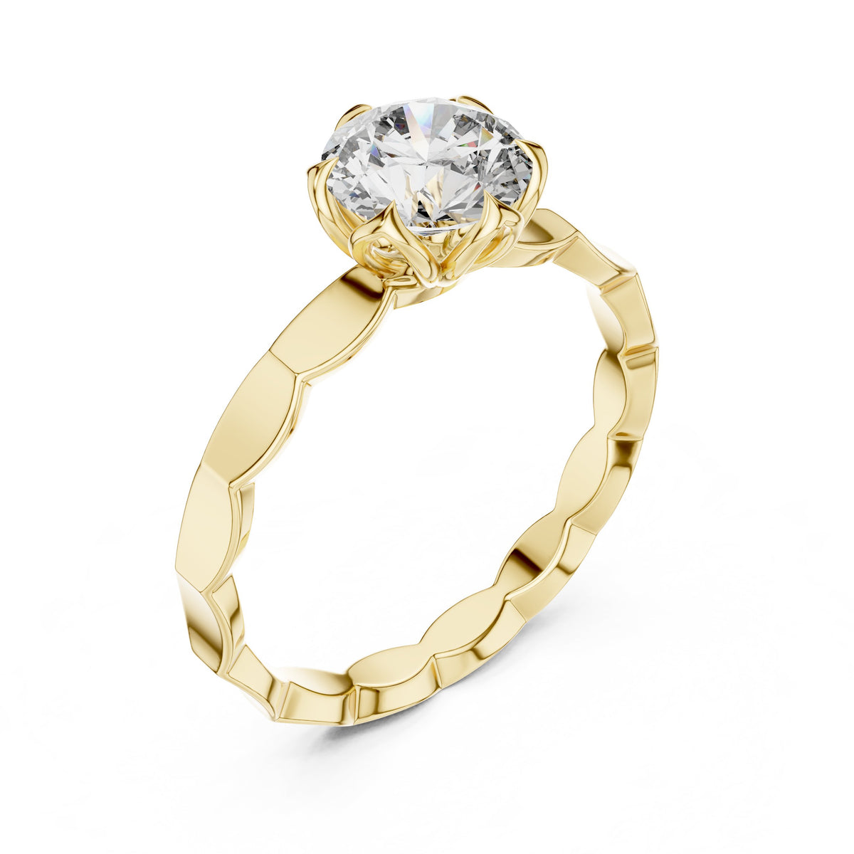 Round Diamond Floral Basket Solitaire Engagement Ring with Petal Band