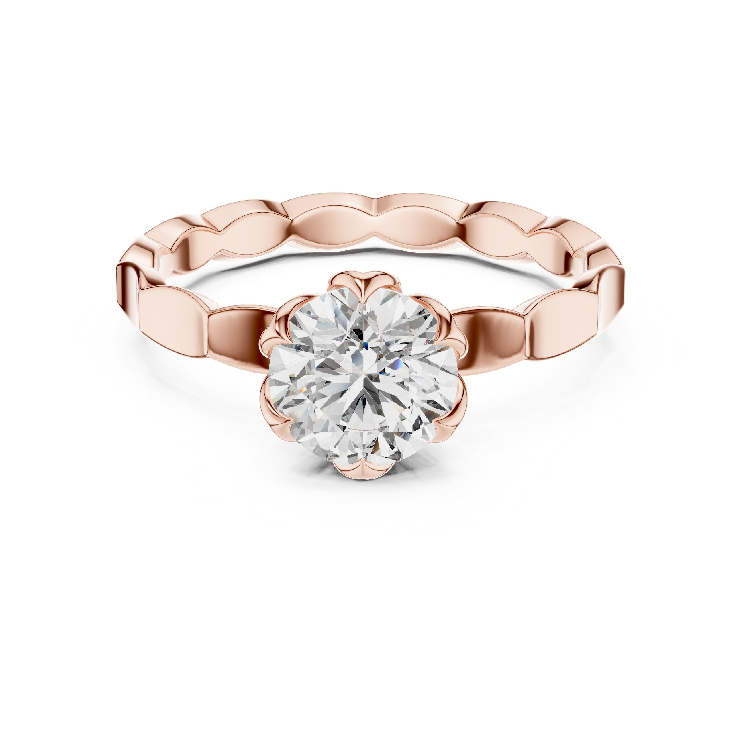 Round Diamond Floral Basket Solitaire Engagement Ring with Petal Band in Rose Gold - VYKA Diamonds