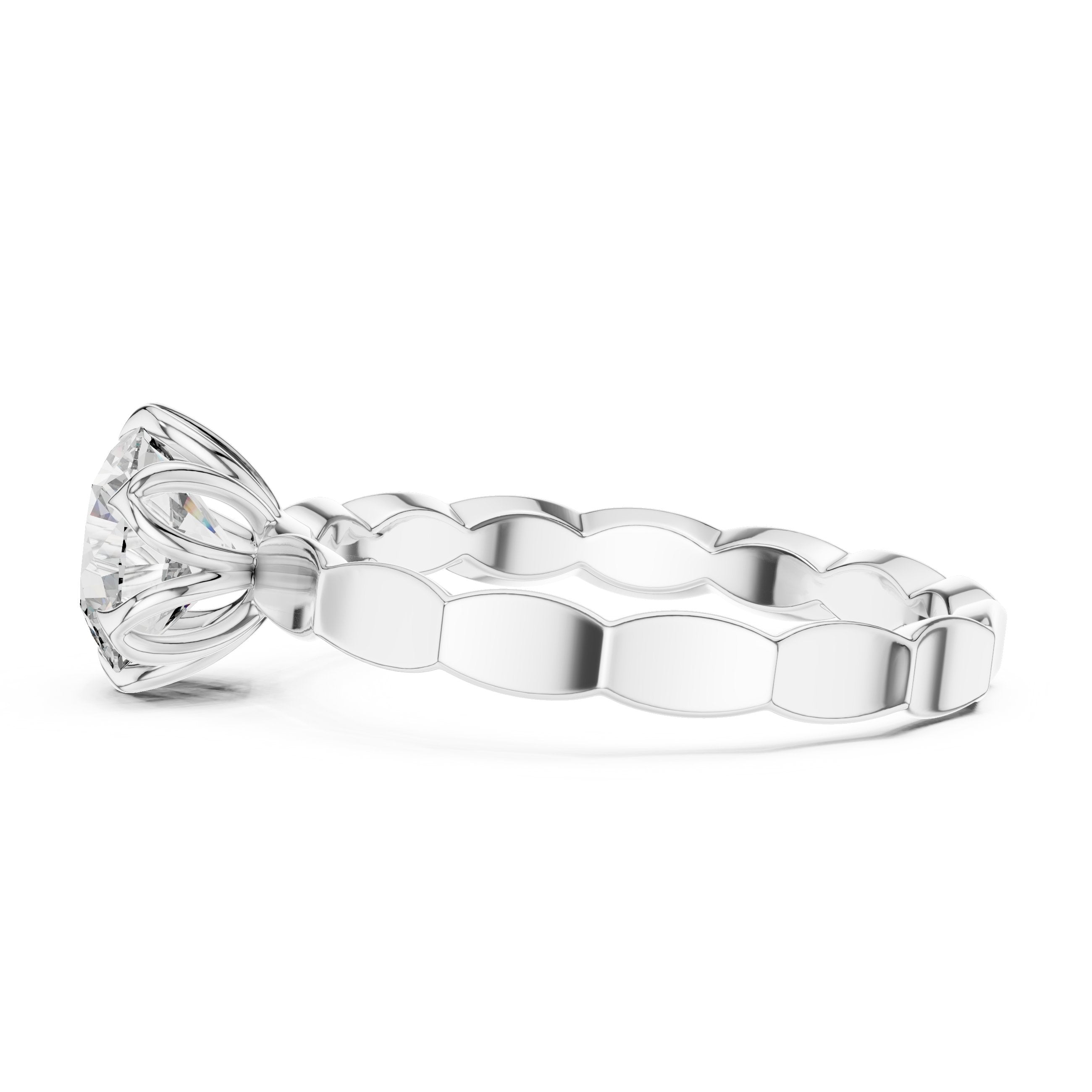 Round Diamond Floral Basket Solitaire Engagement Ring with Petal Band in White Gold - VYKA Diamonds
