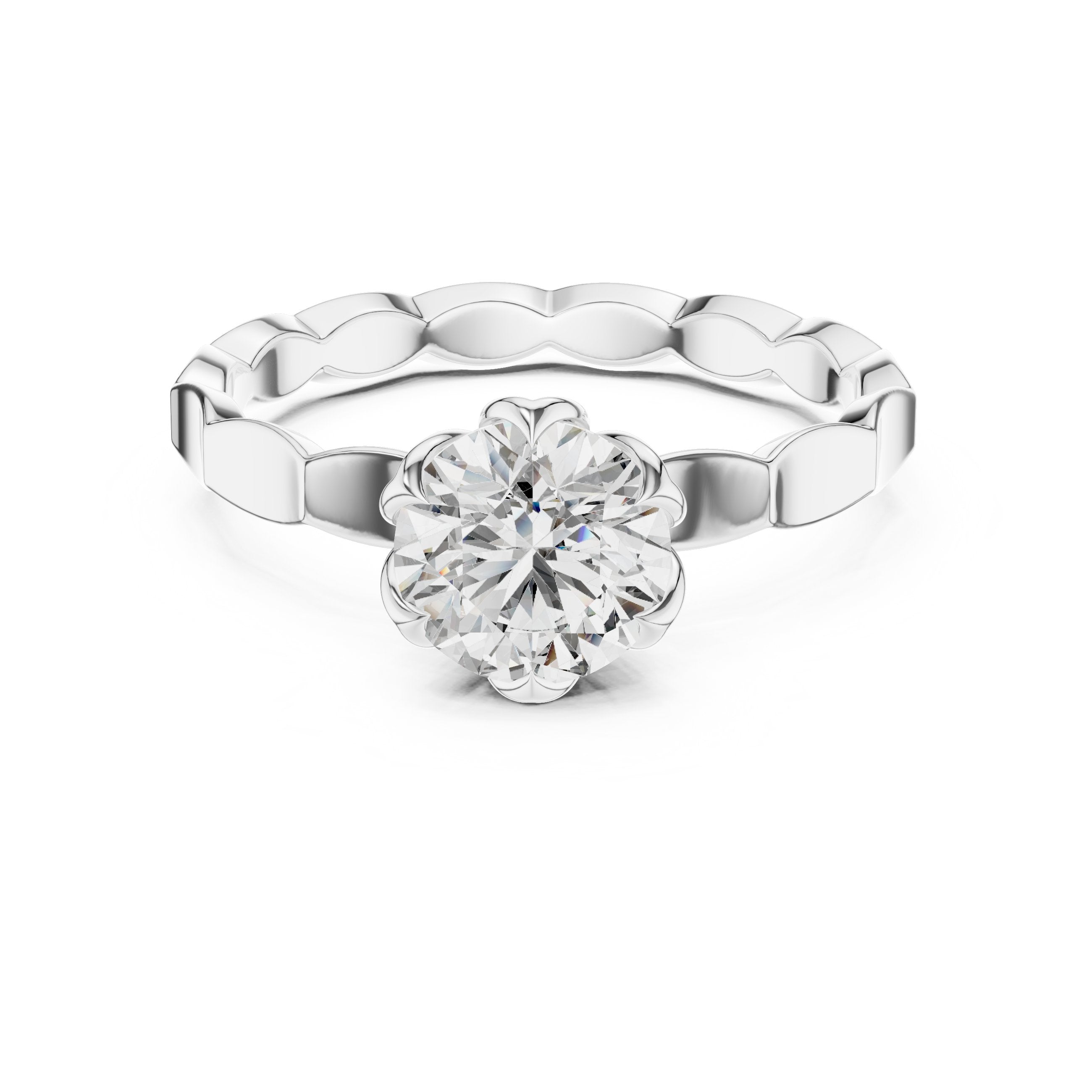 Round Diamond Floral Basket Solitaire Engagement Ring with Petal Band in White Gold - VYKA Diamonds