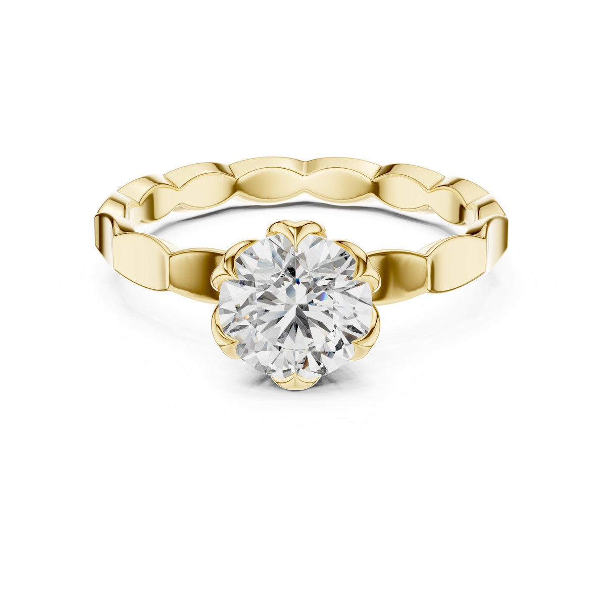 Round Diamond Floral Basket Solitaire Engagement Ring with Petal Band