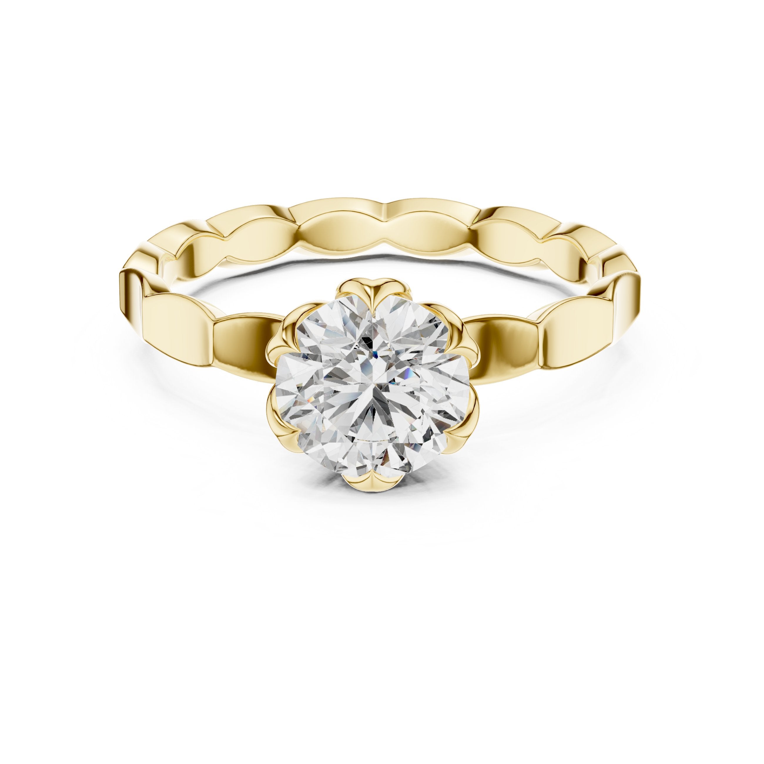 Round Diamond Floral Basket Solitaire Engagement Ring with Petal Band in Yellow Gold - VYKA Diamonds