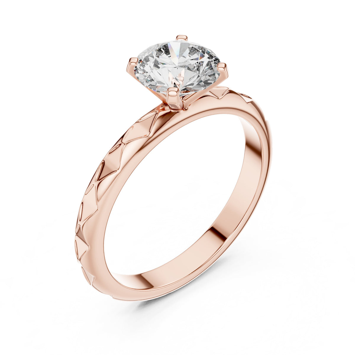 Round Diamond Solitaire Engagement Ring with Diamond Pattern Etched Band
