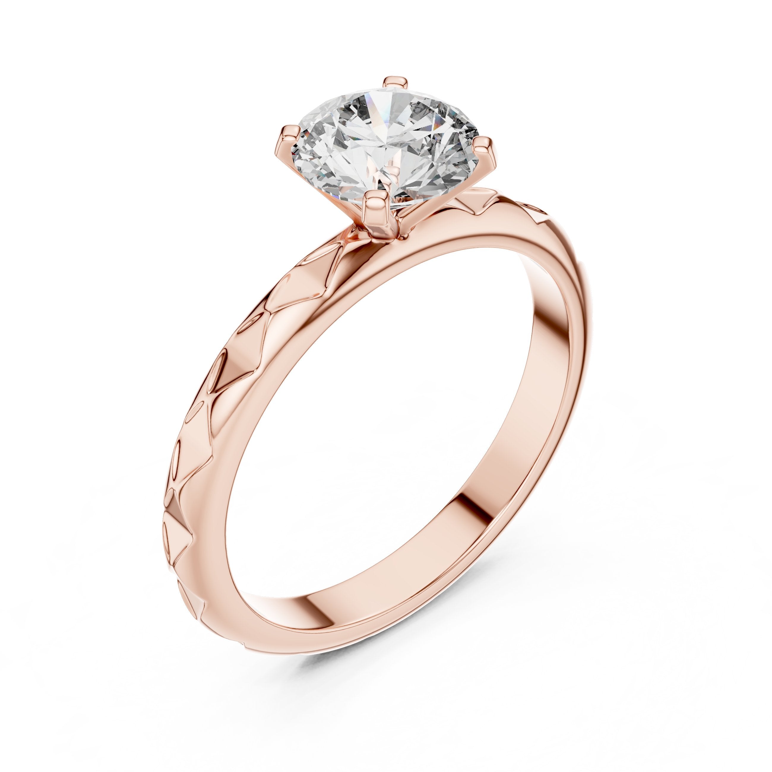 Round Diamond Solitaire Engagement Ring with Diamond Pattern Etched Band in Rose Gold - VYKA Diamonds