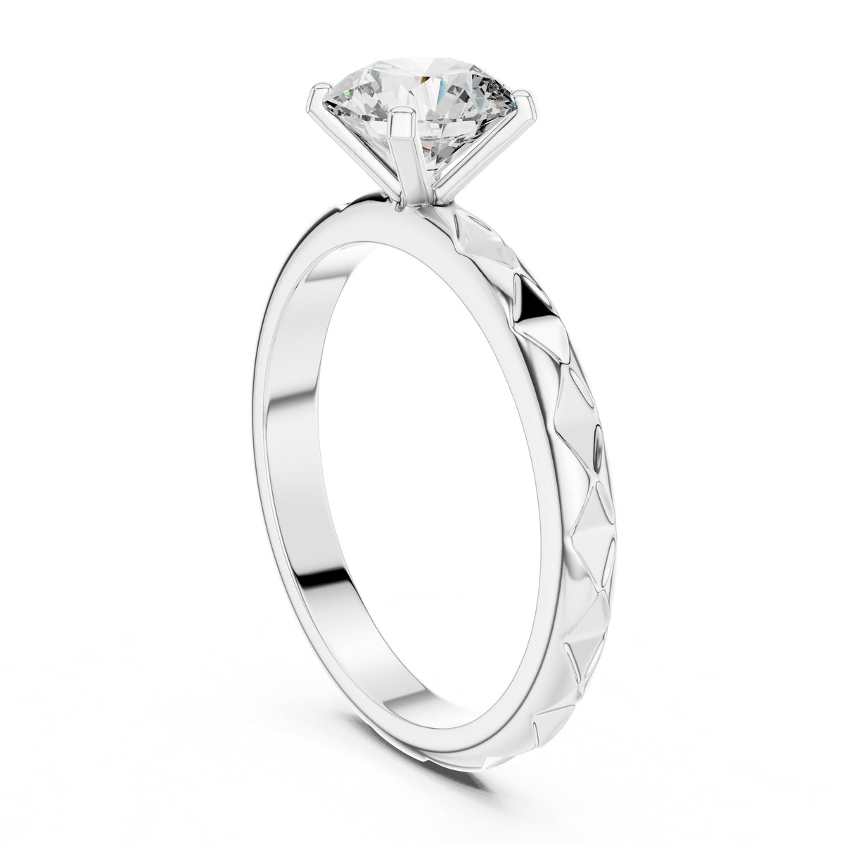 Round Diamond Solitaire Engagement Ring with Diamond Pattern Etched Band