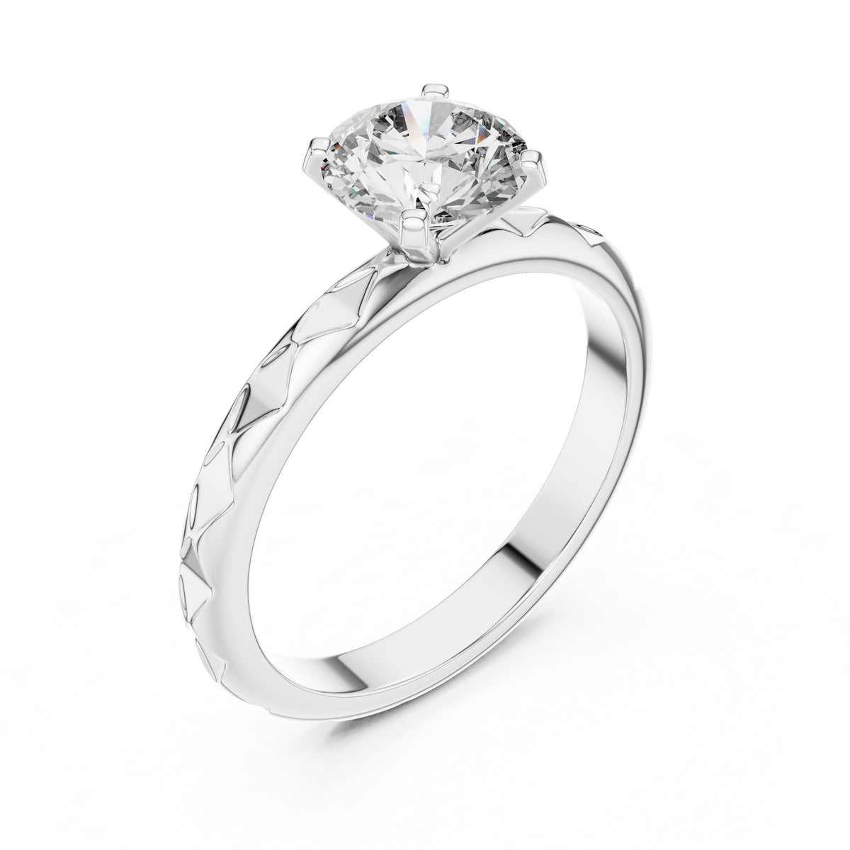 Round Diamond Solitaire Engagement Ring with Diamond Pattern Etched Band