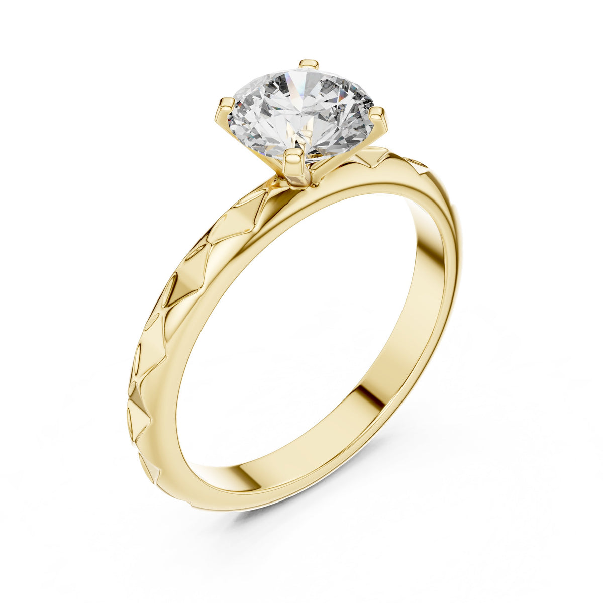 Round Diamond Solitaire Engagement Ring with Diamond Pattern Etched Band