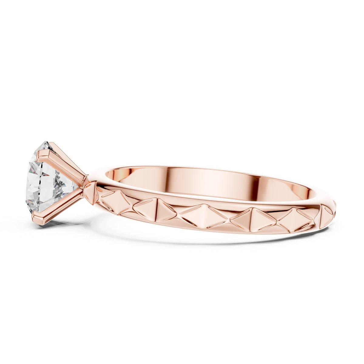 Round Diamond Solitaire Engagement Ring with Diamond Pattern Etched Band