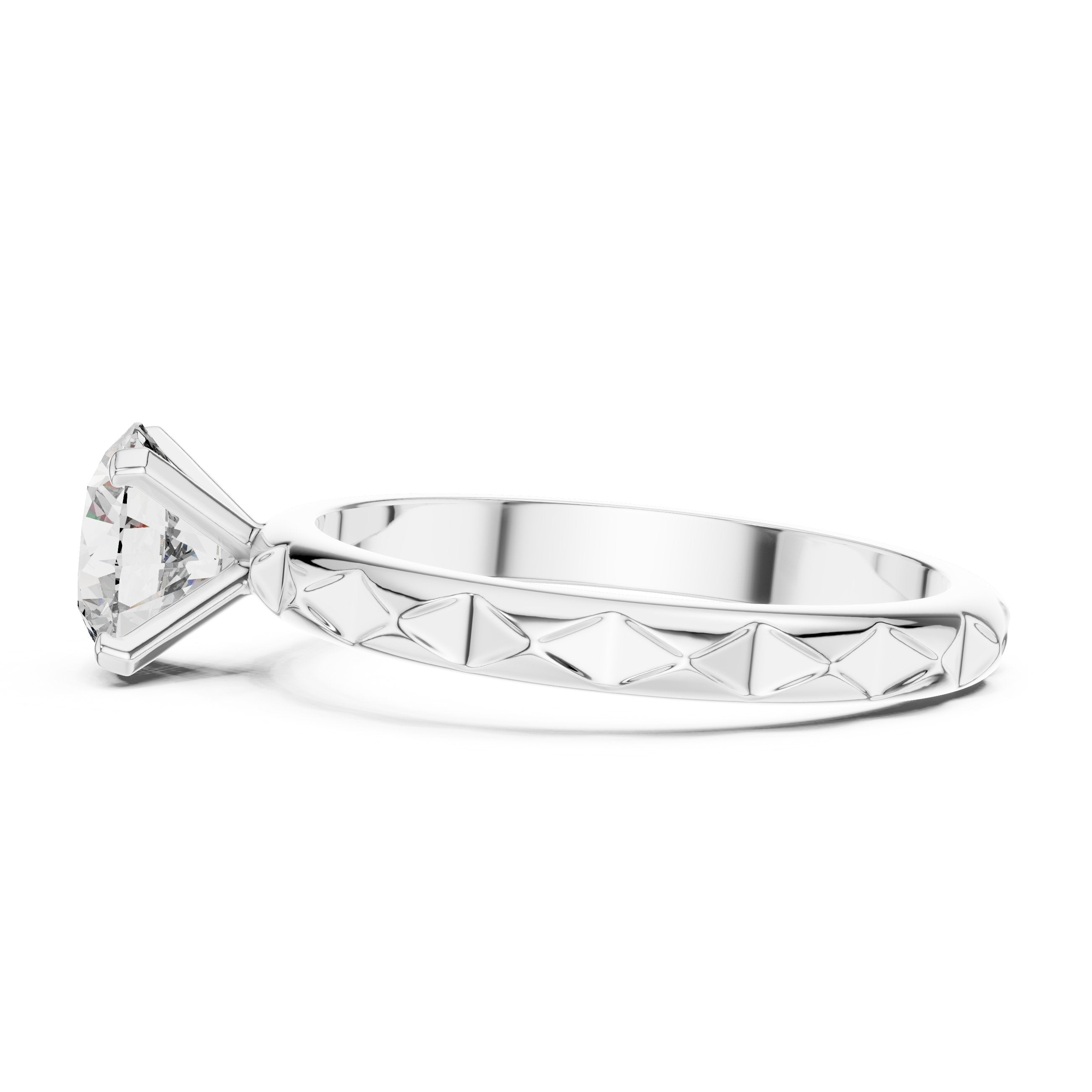 Round Diamond Solitaire Engagement Ring with Diamond Pattern Etched Band in White Gold - VYKA Diamonds