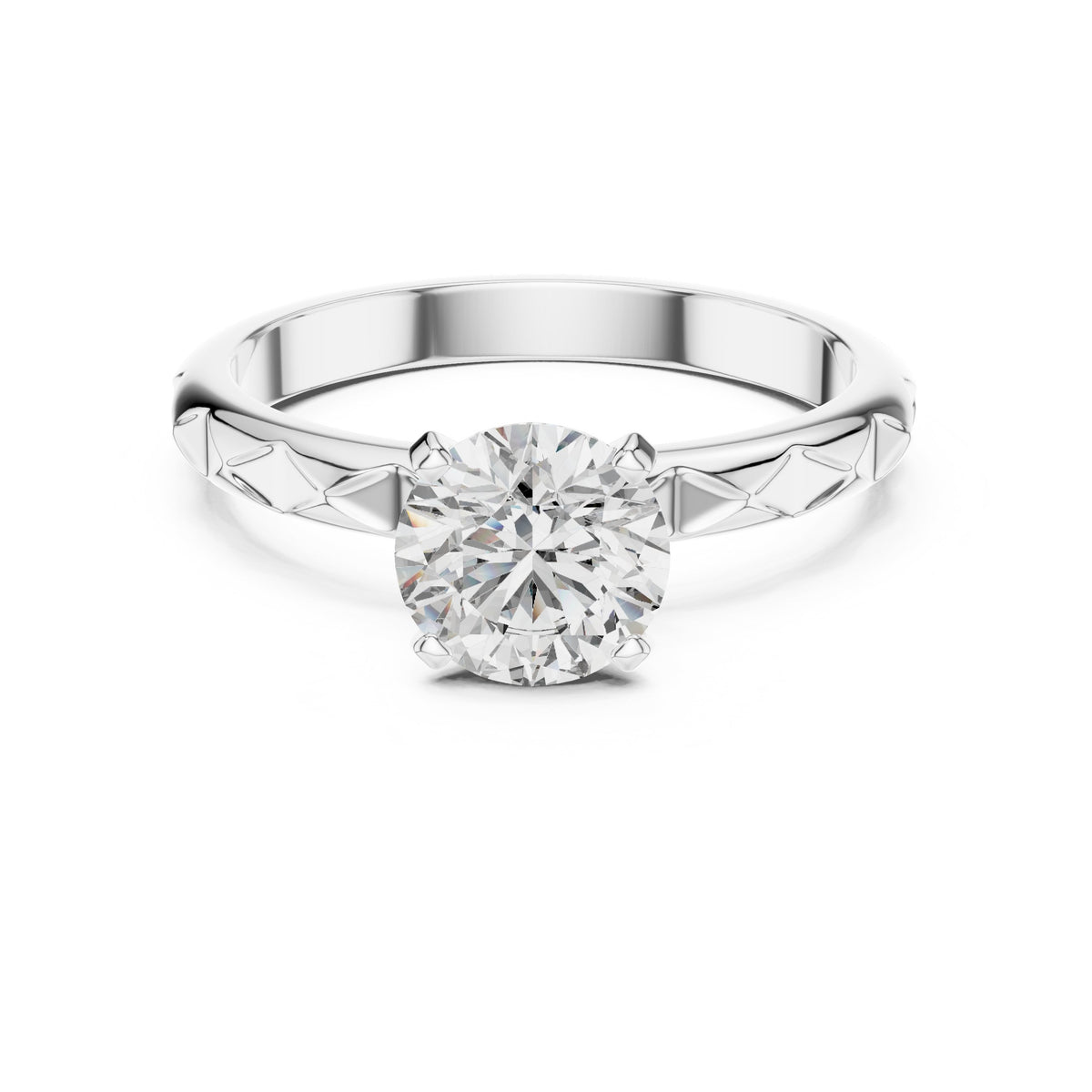 Round Diamond Solitaire Engagement Ring with Diamond Pattern Etched Band