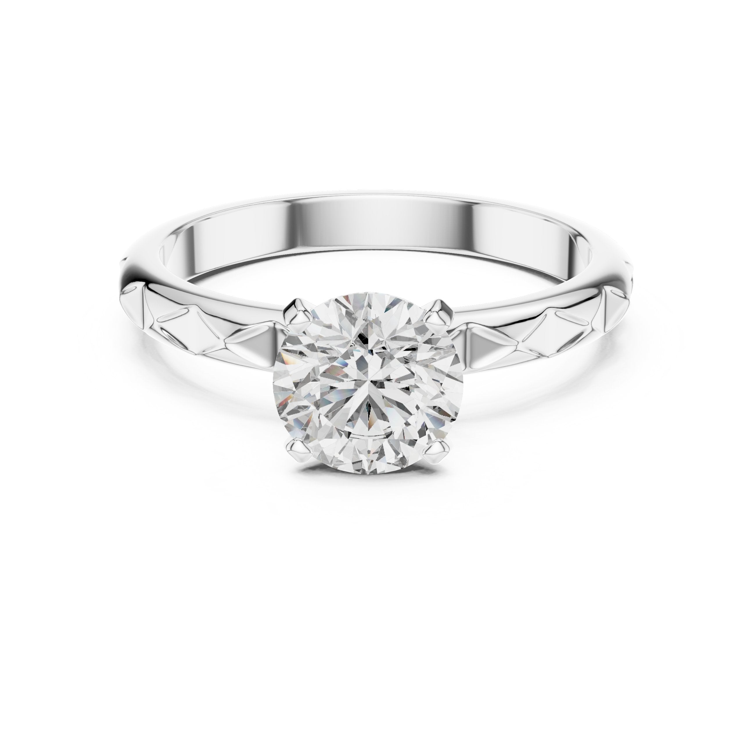 Round Diamond Solitaire Engagement Ring with Diamond Pattern Etched Band in White Gold - VYKA Diamonds