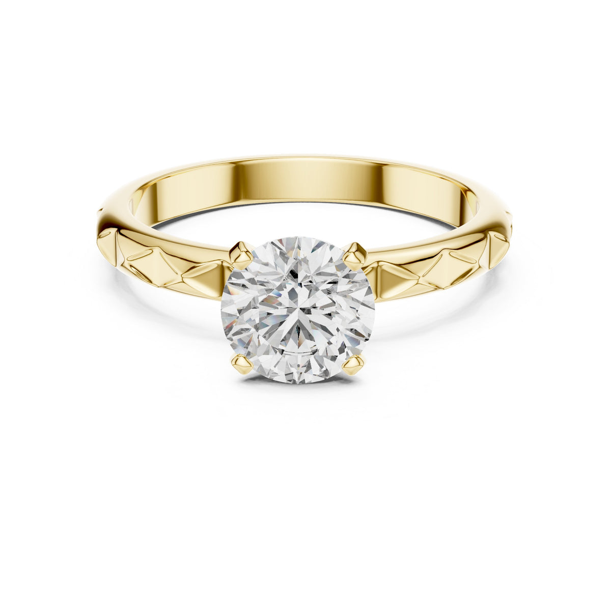 Round Diamond Solitaire Engagement Ring with Diamond Pattern Etched Band