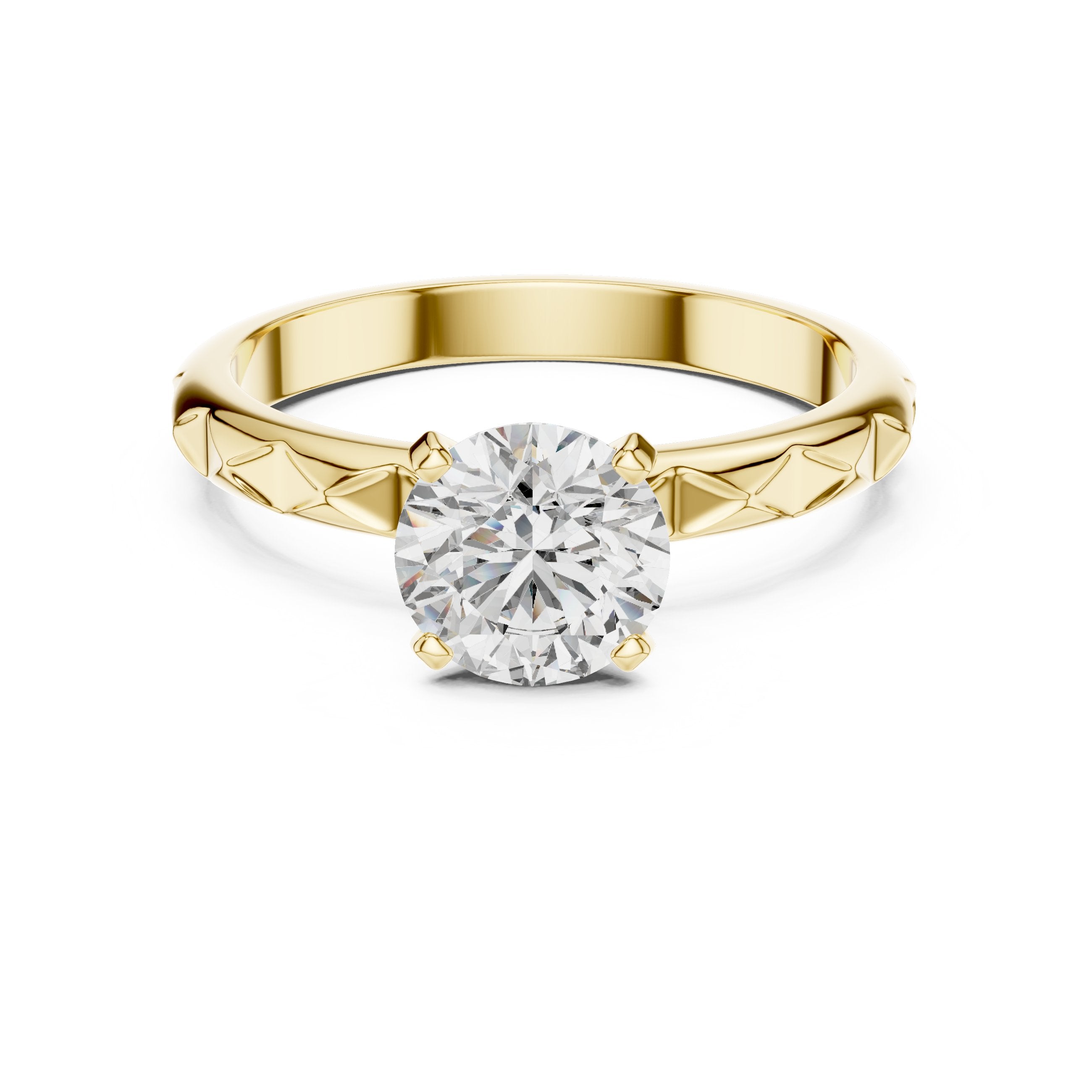 Round Diamond Solitaire Engagement Ring with Diamond Pattern Etched Band in Yellow Gold - VYKA Diamonds