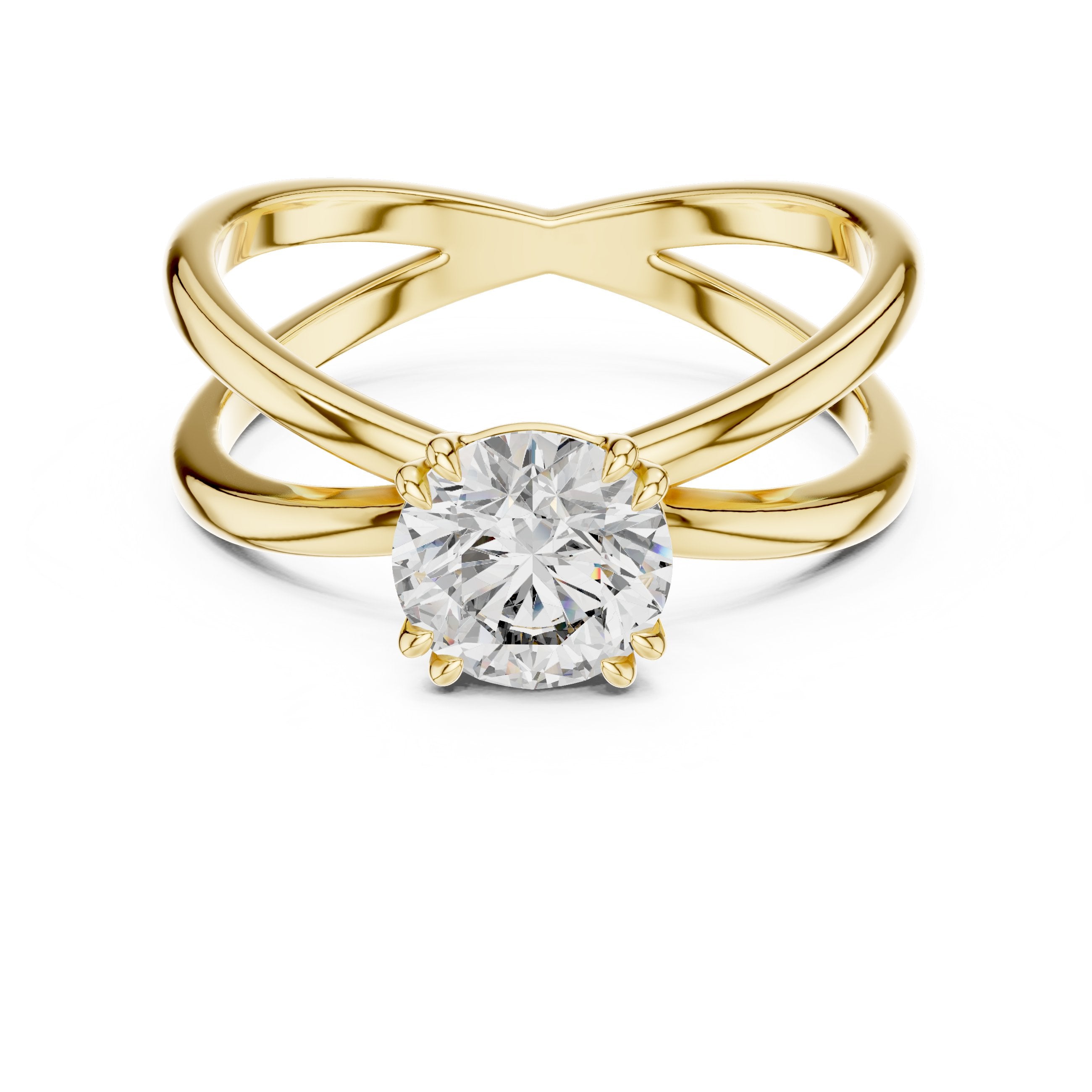 Round Diamond X Cross Open Shank Solitaire Engagement Ring in Yellow Gold - VYKA Diamonds