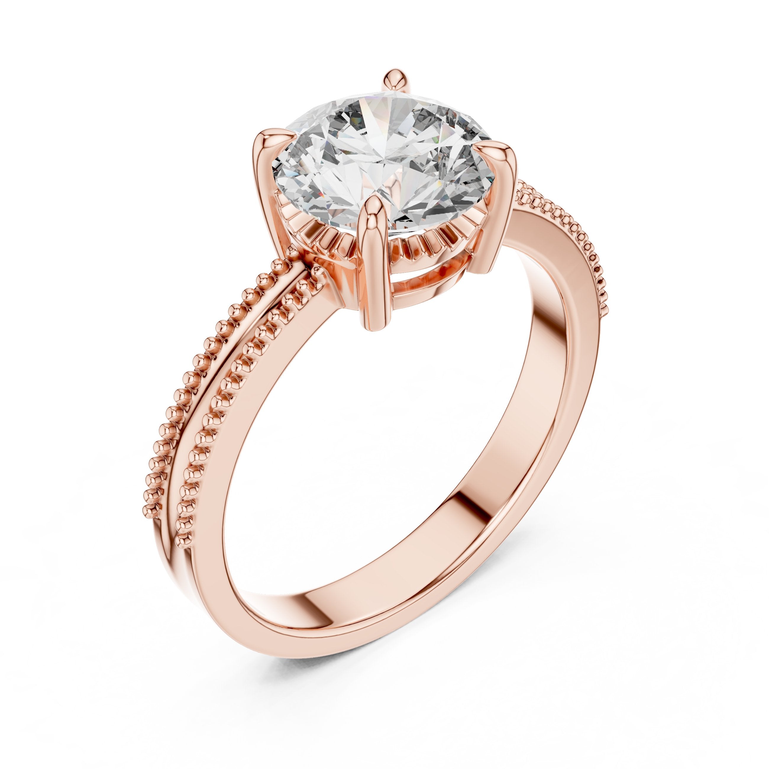 خاتم خطوبة سوليتير بألماسة مستديرة مع سوار ميلغرين in Rose Gold - VYKA Diamonds