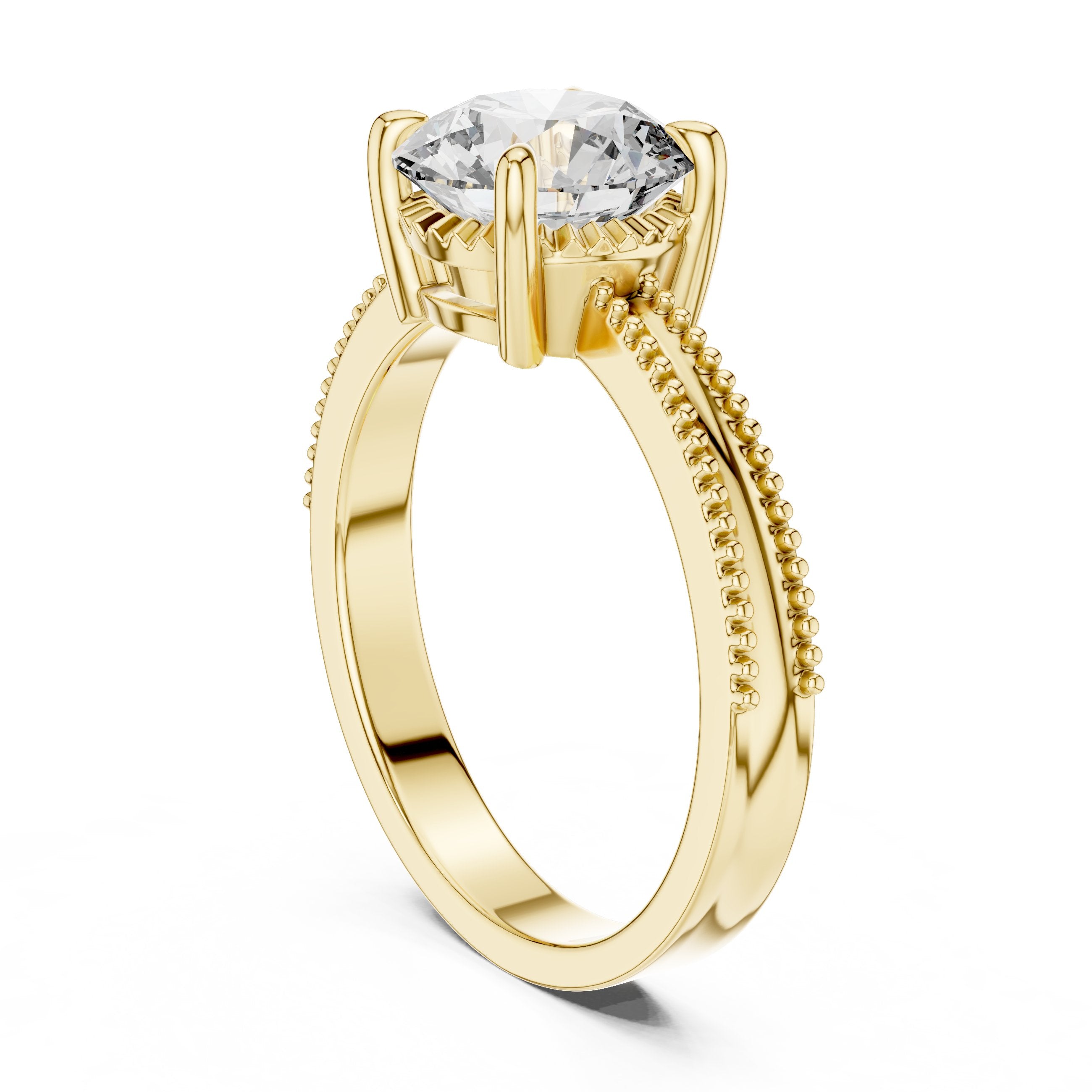 خاتم خطوبة سوليتير بألماسة مستديرة مع سوار ميلغرين in Yellow Gold - VYKA Diamonds
