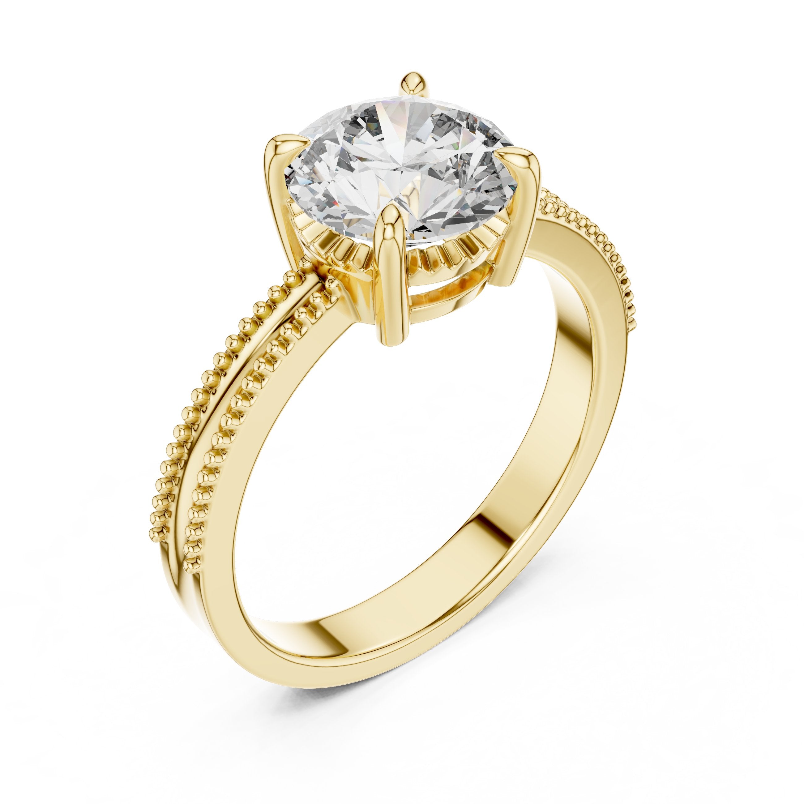 خاتم خطوبة سوليتير بألماسة مستديرة مع سوار ميلغرين in Yellow Gold - VYKA Diamonds