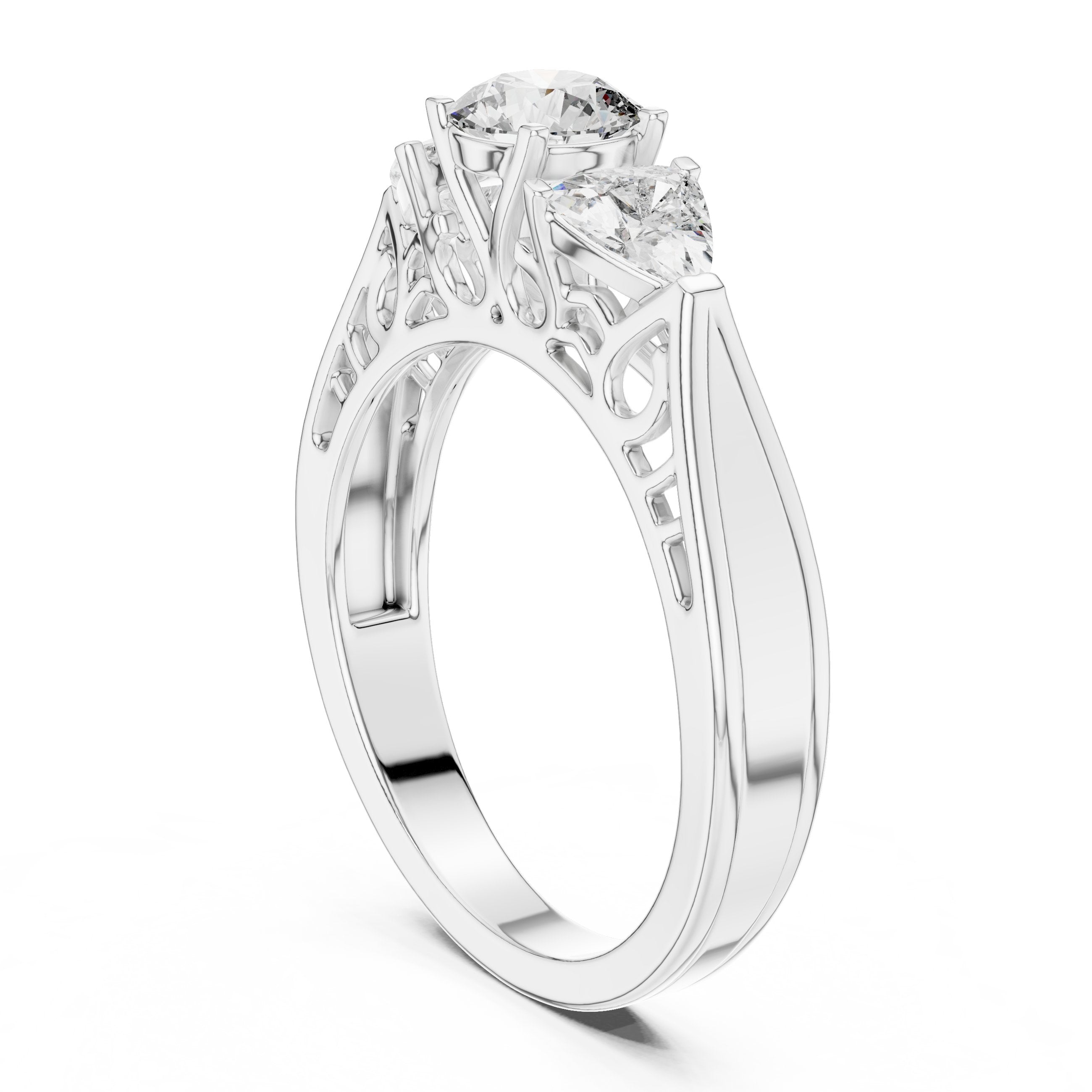 خاتم خطوبة بثلاث ألماسات مستديرة مع سوار فيليغري كلاسيكي in White Gold - VYKA Diamonds