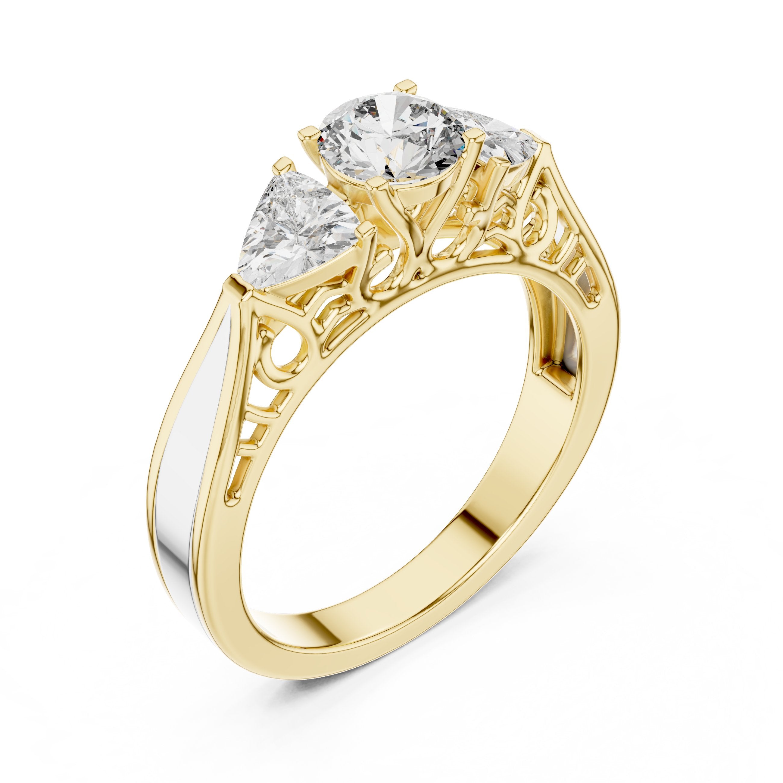 خاتم خطوبة بثلاث ألماسات مستديرة مع سوار فيليغري كلاسيكي in Yellow Gold - VYKA Diamonds