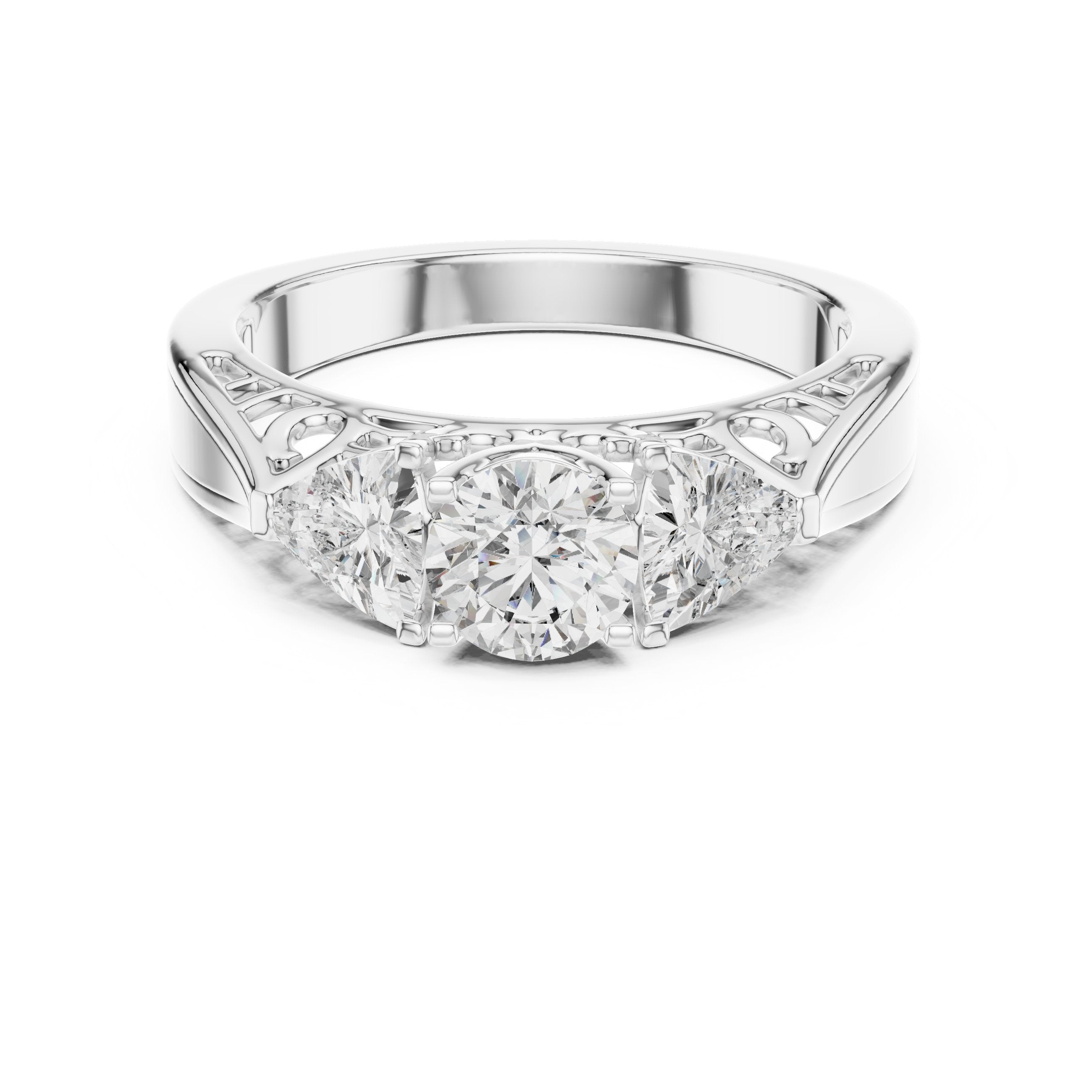 خاتم خطوبة بثلاث ألماسات مستديرة مع سوار فيليغري كلاسيكي in White Gold - VYKA Diamonds