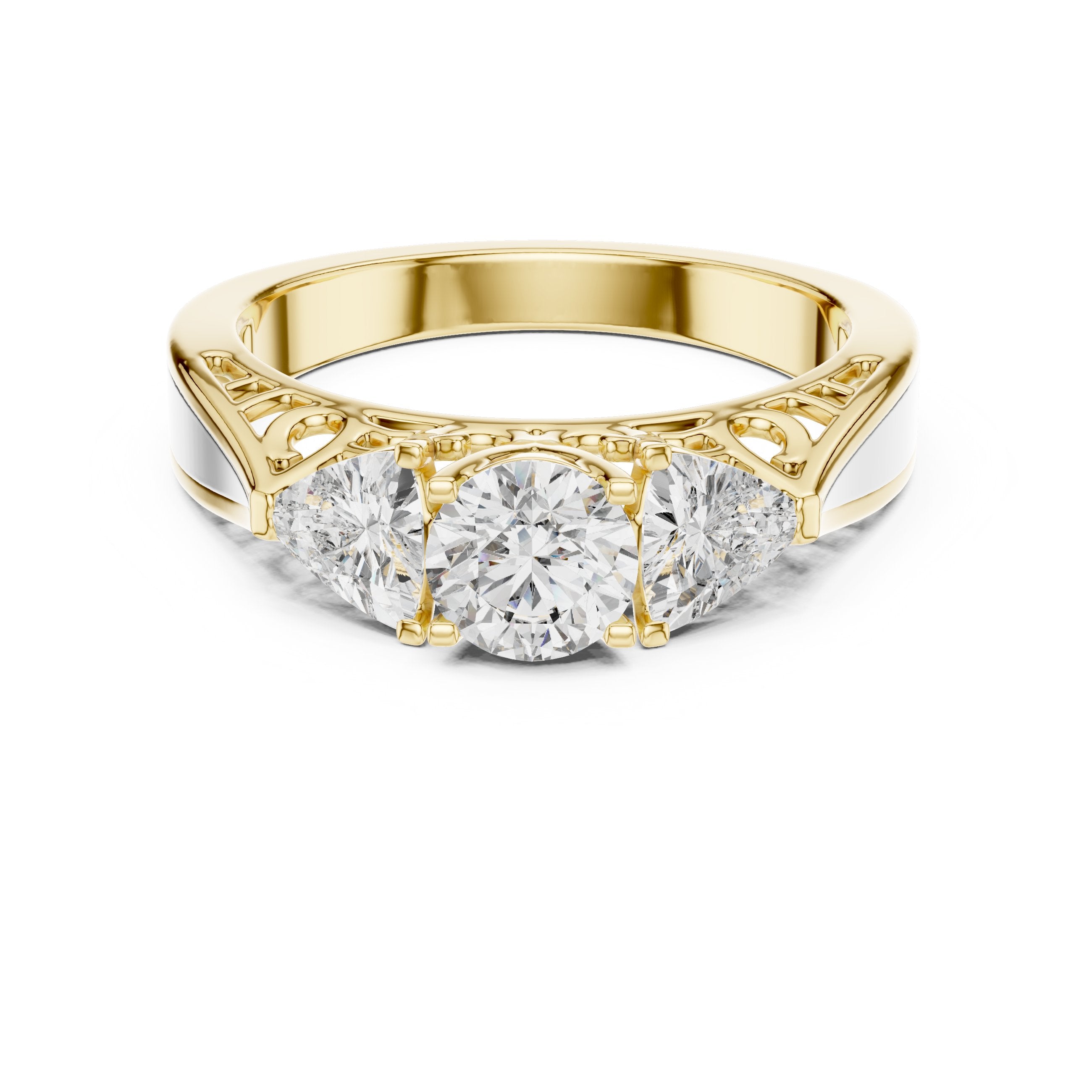 خاتم خطوبة بثلاث ألماسات مستديرة مع سوار فيليغري كلاسيكي in Yellow Gold - VYKA Diamonds