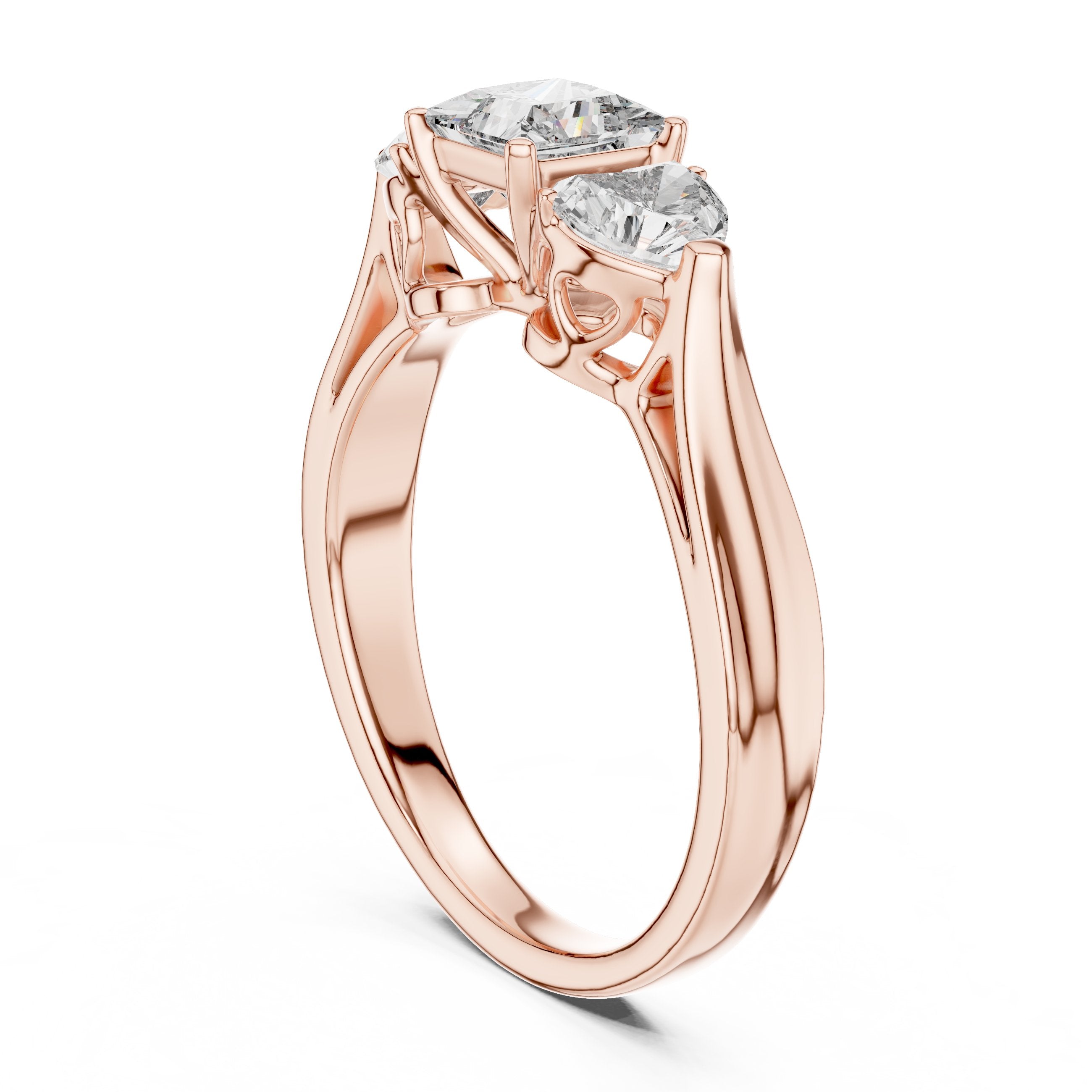 Princess Cut Three Stone Engagement Ring with Heart Sides in Rose Gold - VYKA Diamonds