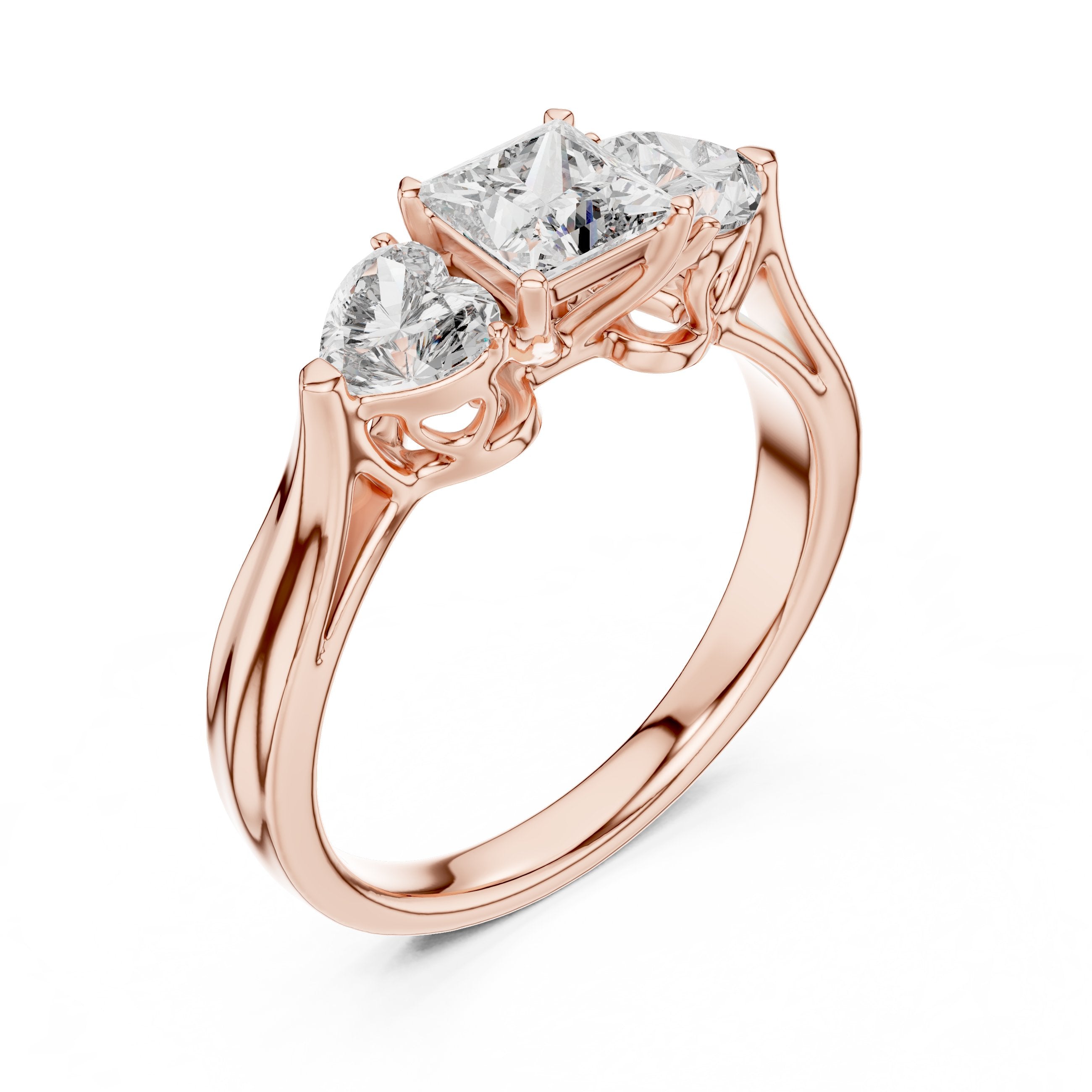 Princess Cut Three Stone Engagement Ring with Heart Sides in Rose Gold - VYKA Diamonds