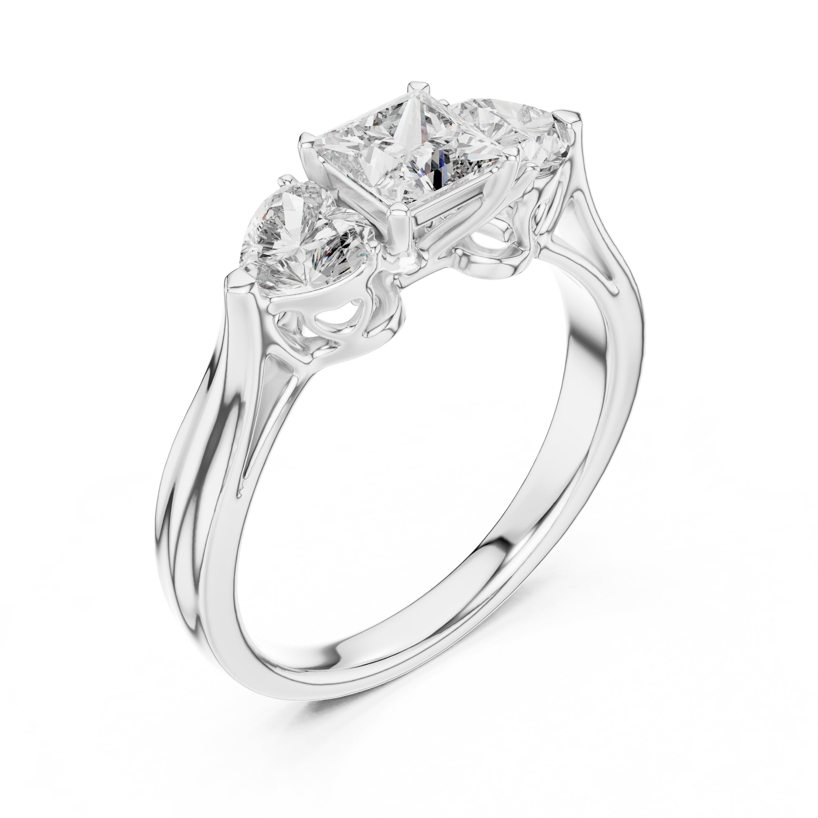 Princess Cut Three Stone Engagement Ring with Heart Sides in White Gold - VYKA Diamonds